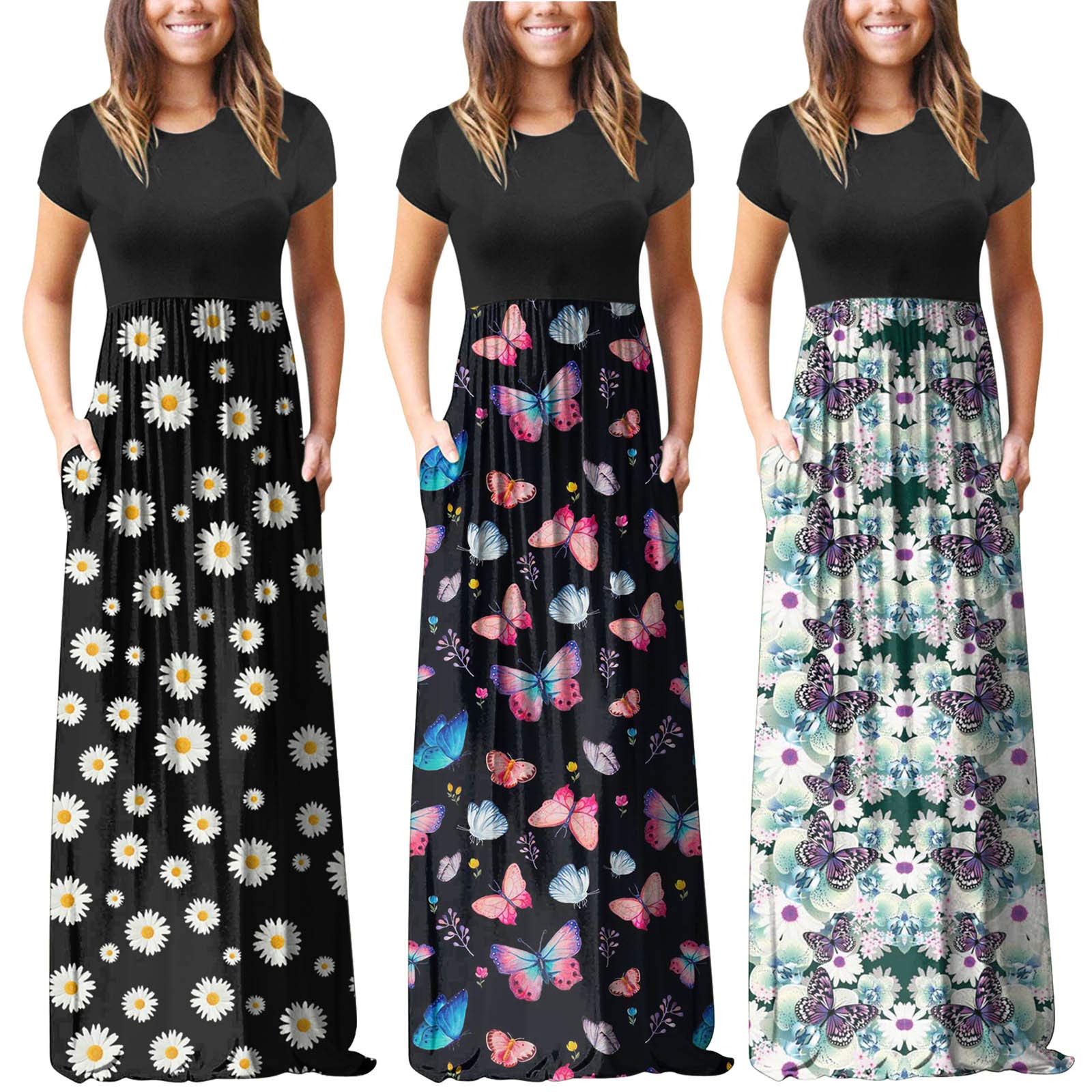Women's Floral Maxi Dress with Pockets - Short Sleeve Loose Summer Sundress for Beach, Vacation & Casual Wear - Pink Long Dress