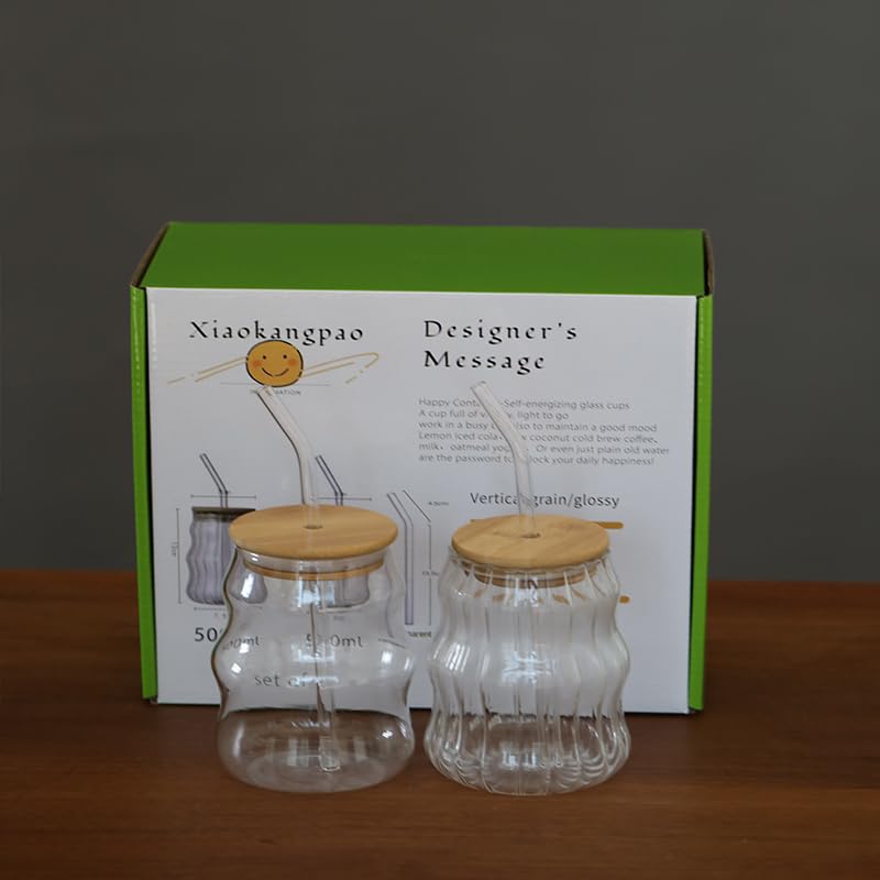 2 Pack Vintage Ribbed Glass Cups - 18oz Wave Design Bubble Drinking Glasses for Iced Coffee, Juice, Milk, Cocktails & Bubble Tea | Durable Barware for Home, Cafe & Party Use