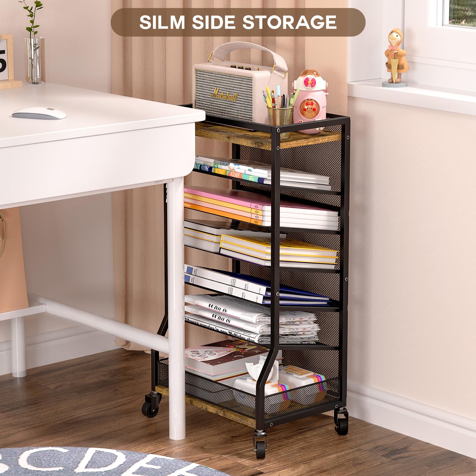 7-Tier Rolling File Cart with Sliding Trays - Wood & Metal File Organizer for Desk - Free-Standing File Holder & Paper Letter Tray Organizer - Mesh Desk Organizer for Home, Office & School (Patent) - Perfect for Document Storage, Office Organization & Classroom Supplies