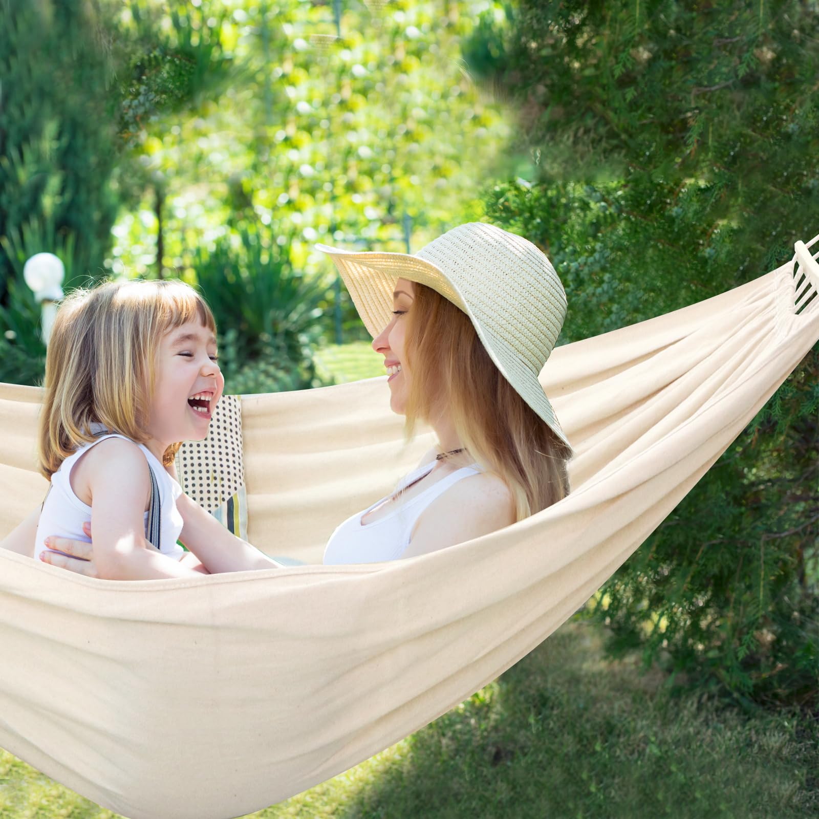 **Chihee Extra Large Cotton Hammock - Soft & Breathable Camping Hammock with Detachable Spreader Bar & Pillow - Supports 660lbs - Includes 2 Strong Webbings & 2 Carabiners - Perfect for Patio, Garden, Indoor & Outdoor Relaxation**