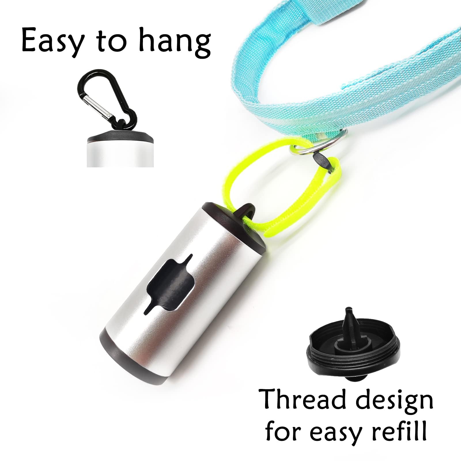 Durable Aluminum Dog Poop Bag Holder with Carabiner Clip - Metal Pet Waste Dispenser with Hook & Loop Fastener, Elastic Cord for Used Bags (Silver, Includes 195 Bags) - Perfect for Walking, Hiking, and Outdoor Adventures with Your Dog