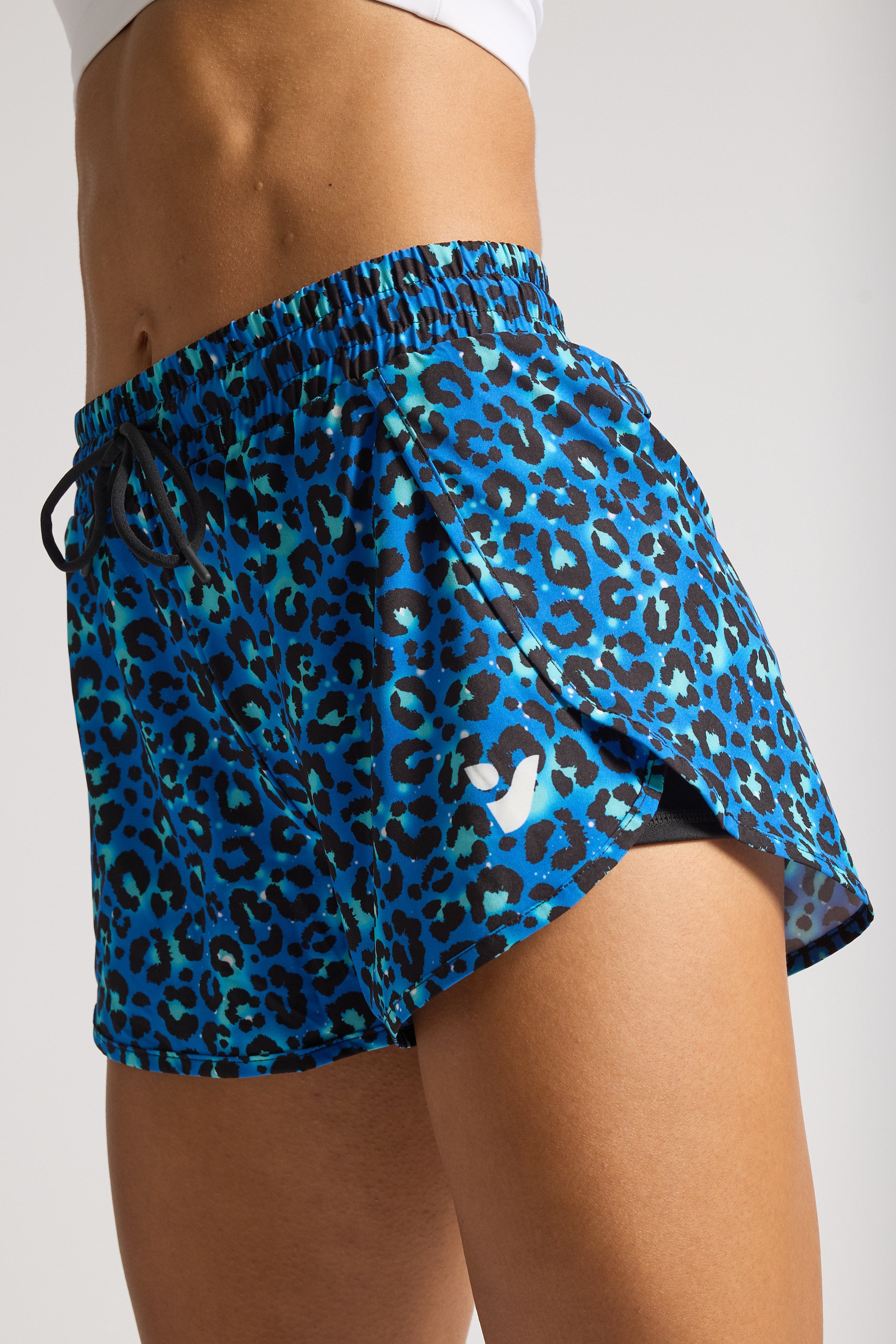 Blue Leopard Print 2-in-1 Racer Shorts for Women - High Waist Running Shorts with Built-in Liner - Gym Workout & Yoga Athletic Shorts