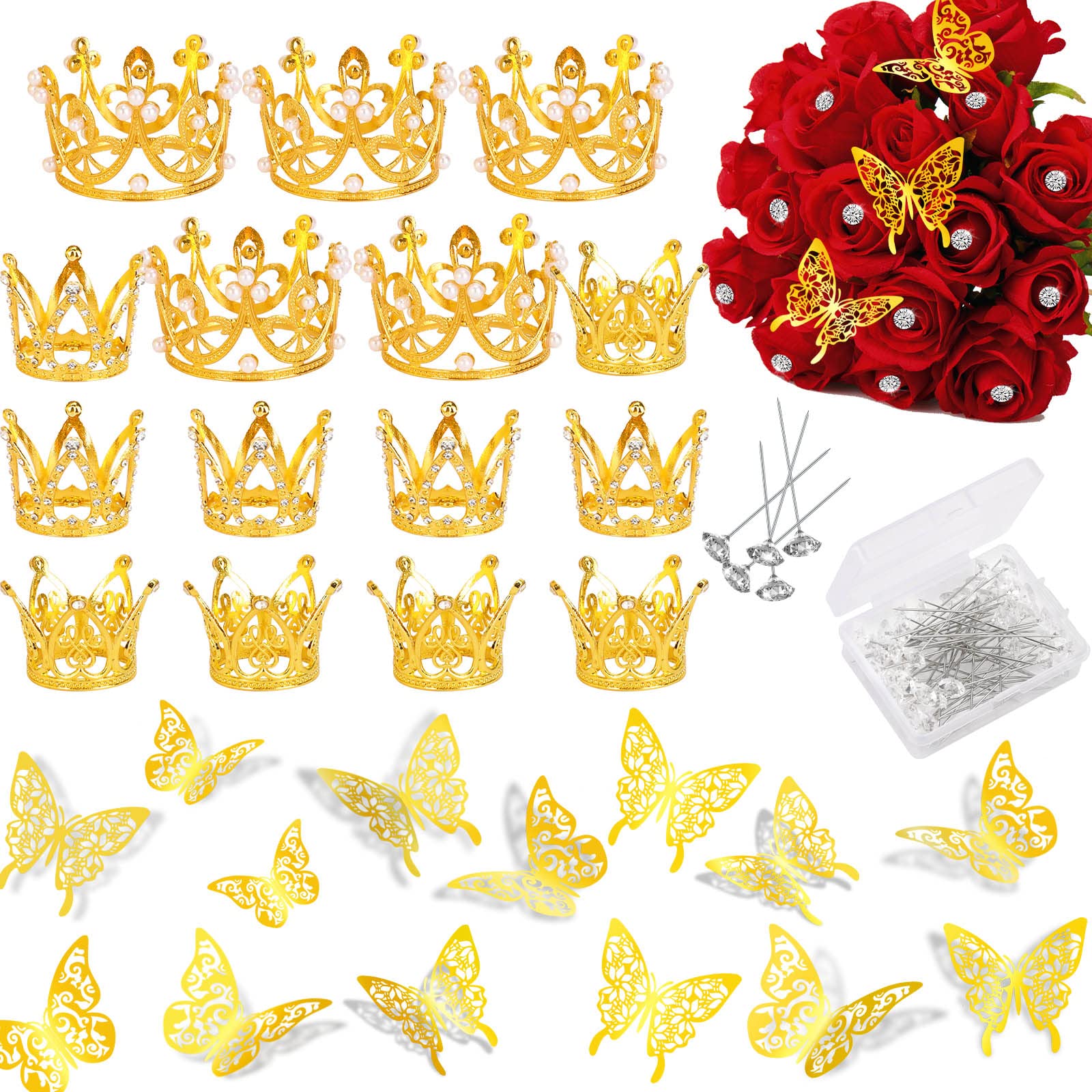 AUGSUN 15-Piece Gold Crown Bouquet Toppers with 24 Butterfly Decorations & 100 Flower Pins - Floral Accessories for Wedding, Birthday, Baby Shower & Bridal Bouquets (Perfect for DIY Arrangements & Special Events)