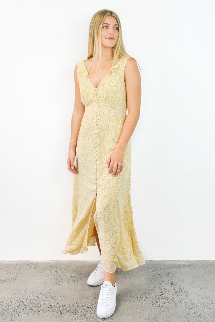 Frill Seeker Golden Ditsy Fleck Georgette Button Front Ruffle Neck Midi Dress - Elegant Floral Print Party & Wedding Guest Dress for Women