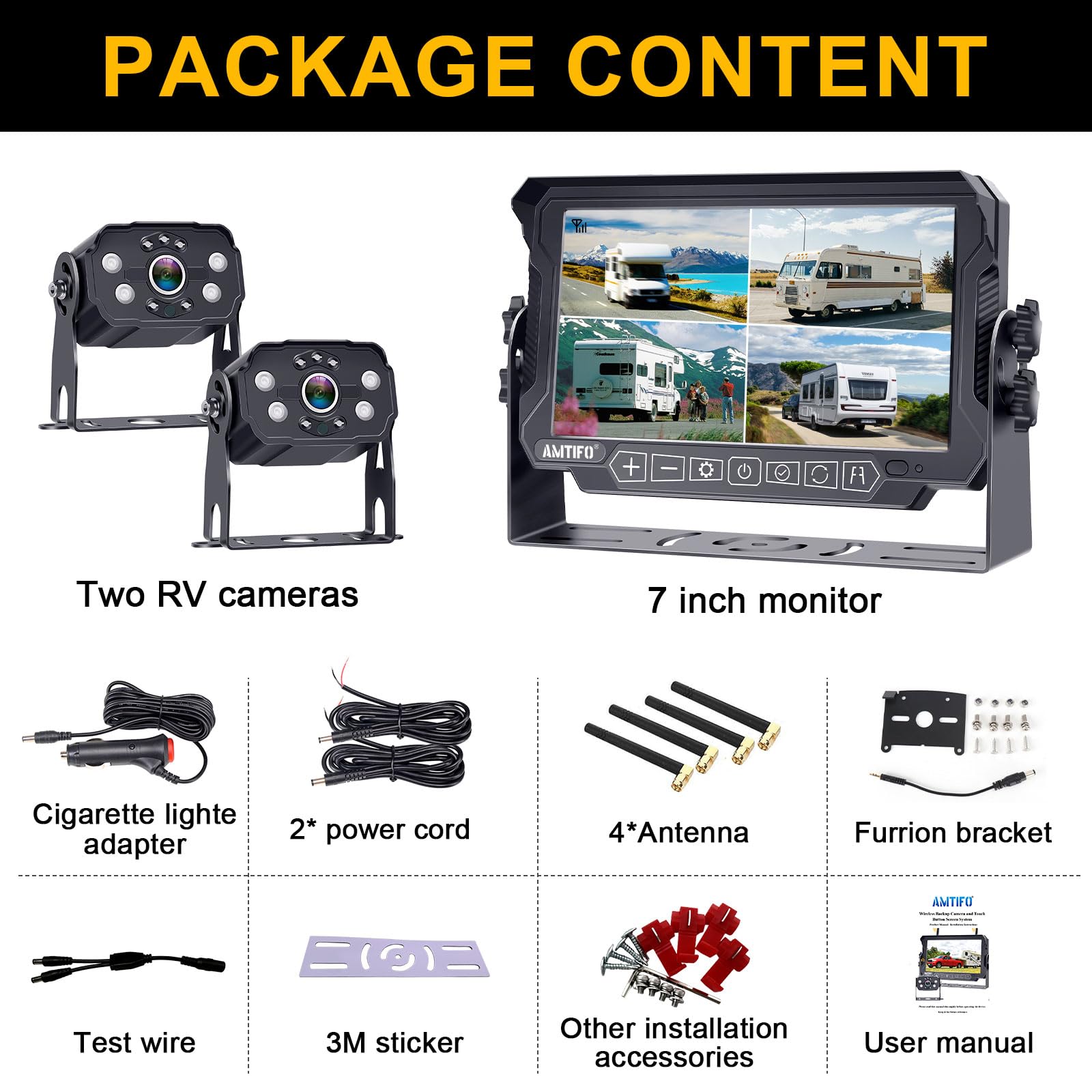 Dual Wireless Backup Camera for RVs & Trailers - 7 Inch 4 Split Screen HD Wide View Recording Rear View Camera | Plug & Play Pre-Wired for Furrion System | Stable Signal | Perfect for Motorhomes, Campers & Travel Trailers