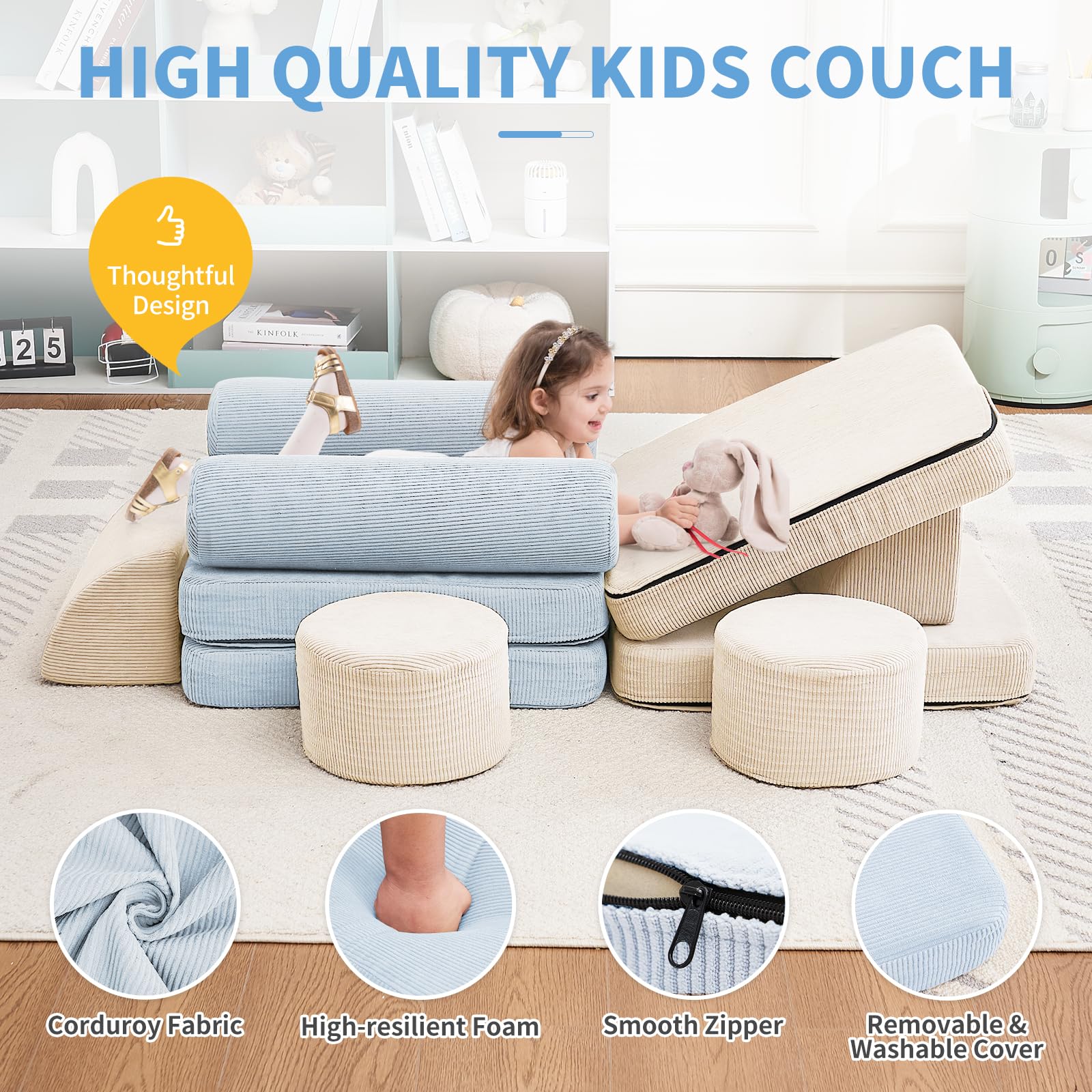 10PCS Modular Kids Play Couch Set - Soft Toddler Sofa for Boys & Girls - Playroom Furniture in Beige & Light Blue (Medium Size) - Perfect for Playtime, Reading Nook & Kids' Lounge Area