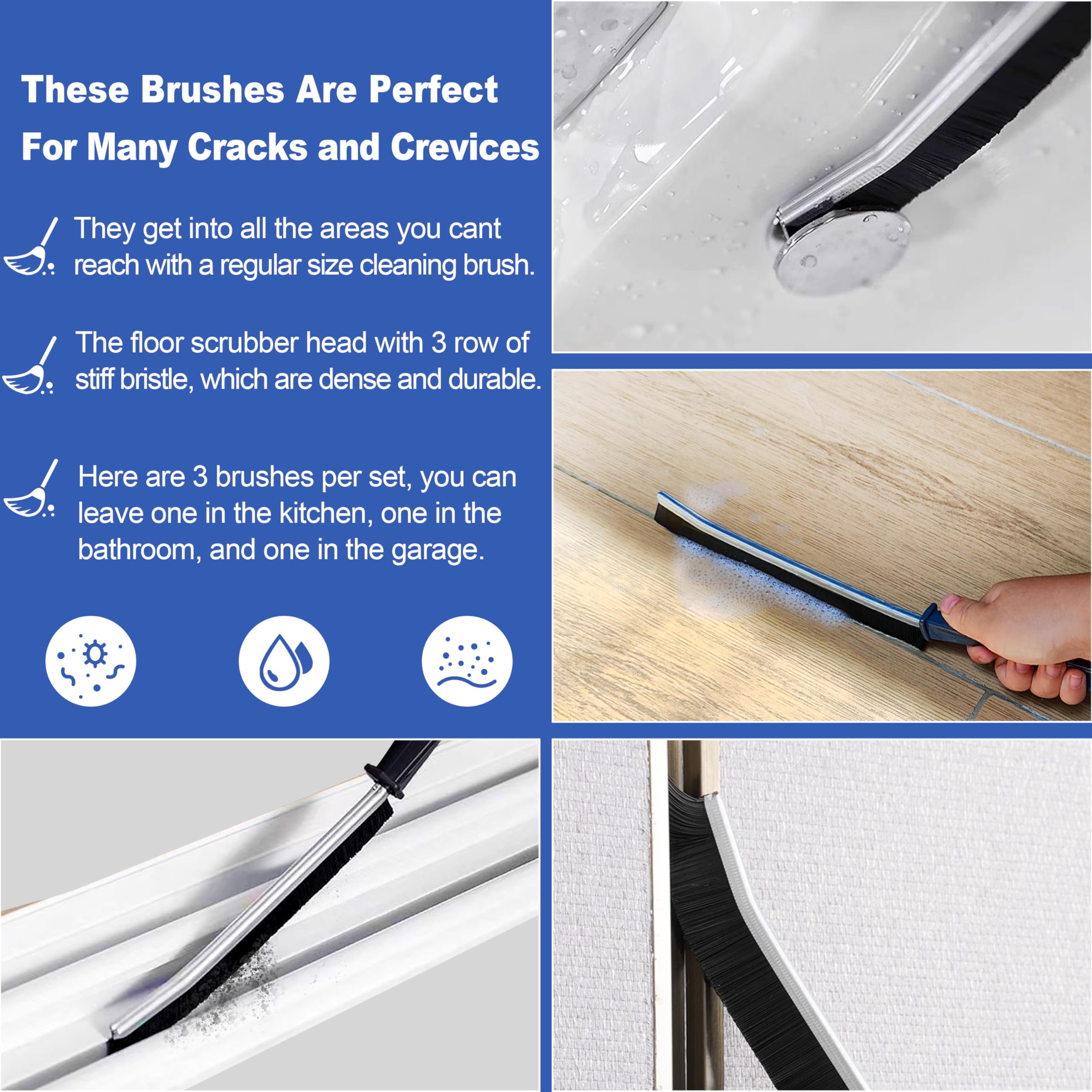3-Pack Heavy Duty Hard Bristle Crevice Cleaning Brushes - Multi-Size Gap & Grout Cleaner for Showers, Tiles, Bathrooms - Perfect Handheld Cleaning Tool for Tight Spaces, Kitchen Appliances & Automotive Detailing
