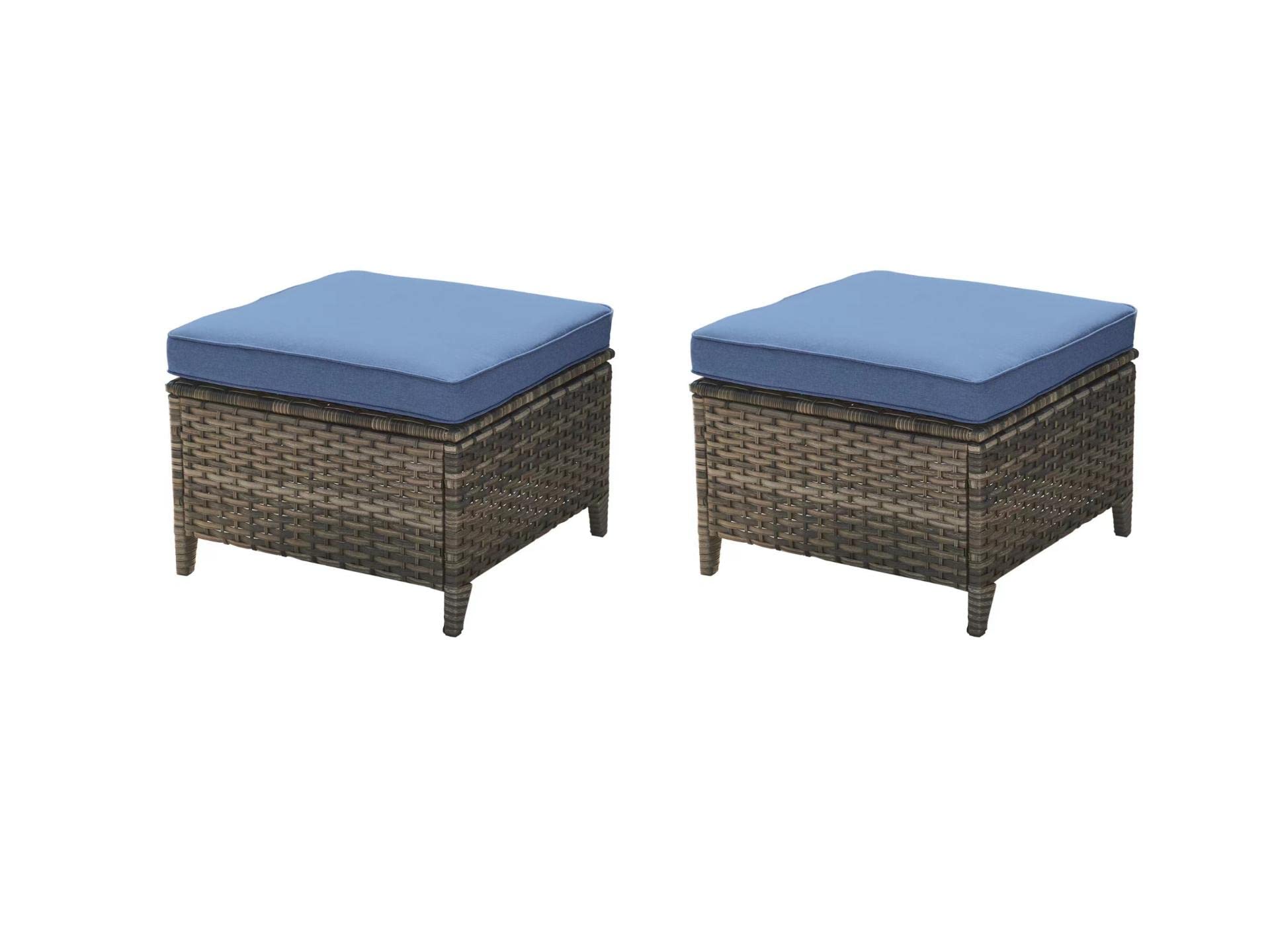 2-Piece Outdoor Wicker Ottomans with Grey Rattan & Blue Cushion - Patio Furniture Set for Garden, Poolside, or Balcony Relaxation