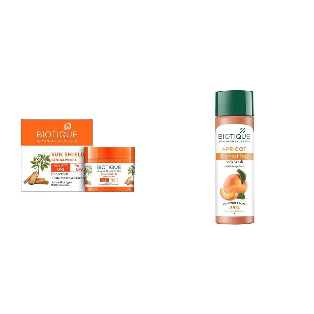 Biotique Bio Sandalwood Sunscreen SPF 50+ Ultra Soothing Face Lotion 50ml & Apricot Refreshing Body Wash 190ml - Natural Skincare for Sun Protection & Daily Hydration - Perfect for Beach, Travel & Sensitive Skin Care Routine