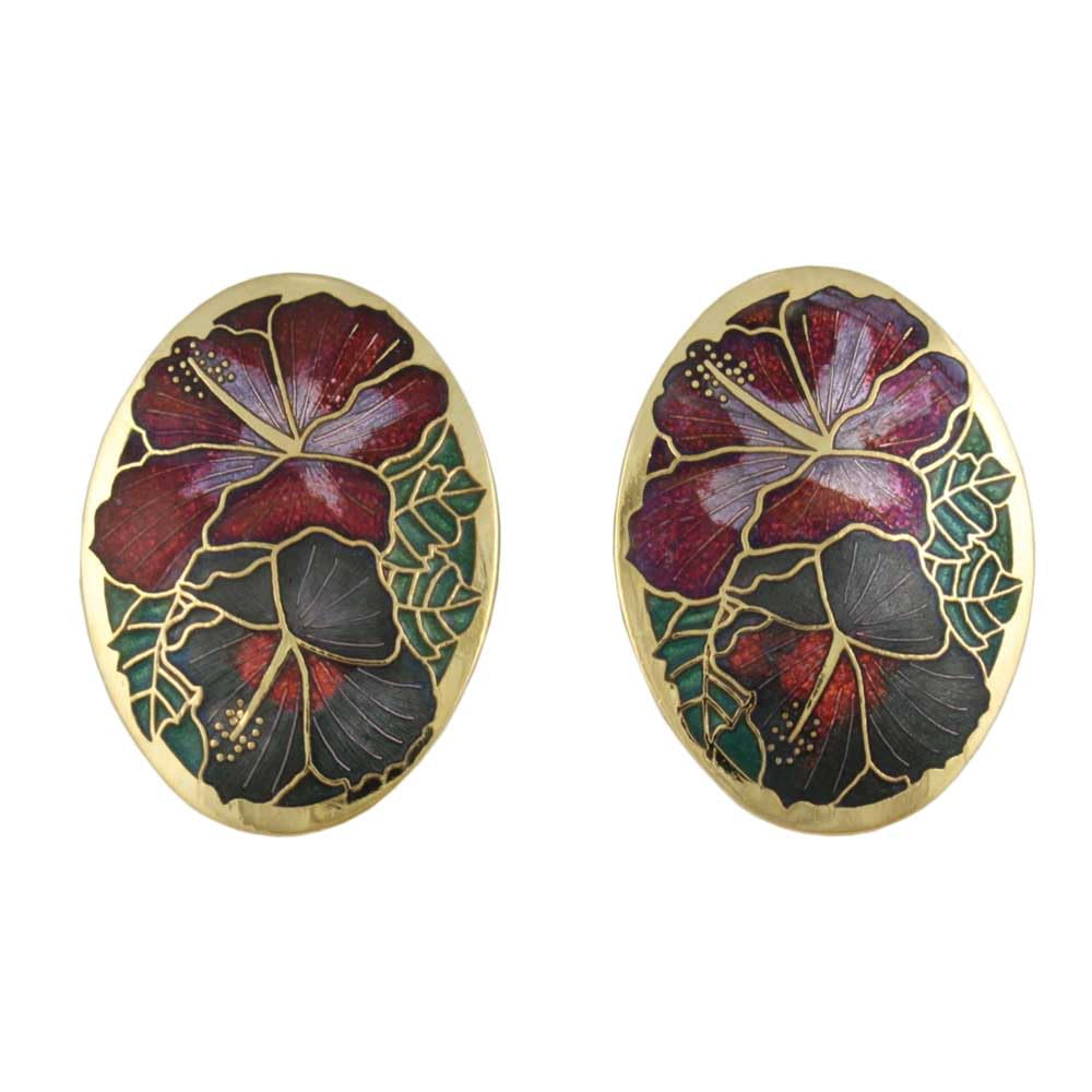 Red and Gray Hibiscus Flower Cloisonne Pierced Earrings for Women - Handmade Vintage Bohemian Jewelry - Perfect for Parties, Weddings & Everyday Wear