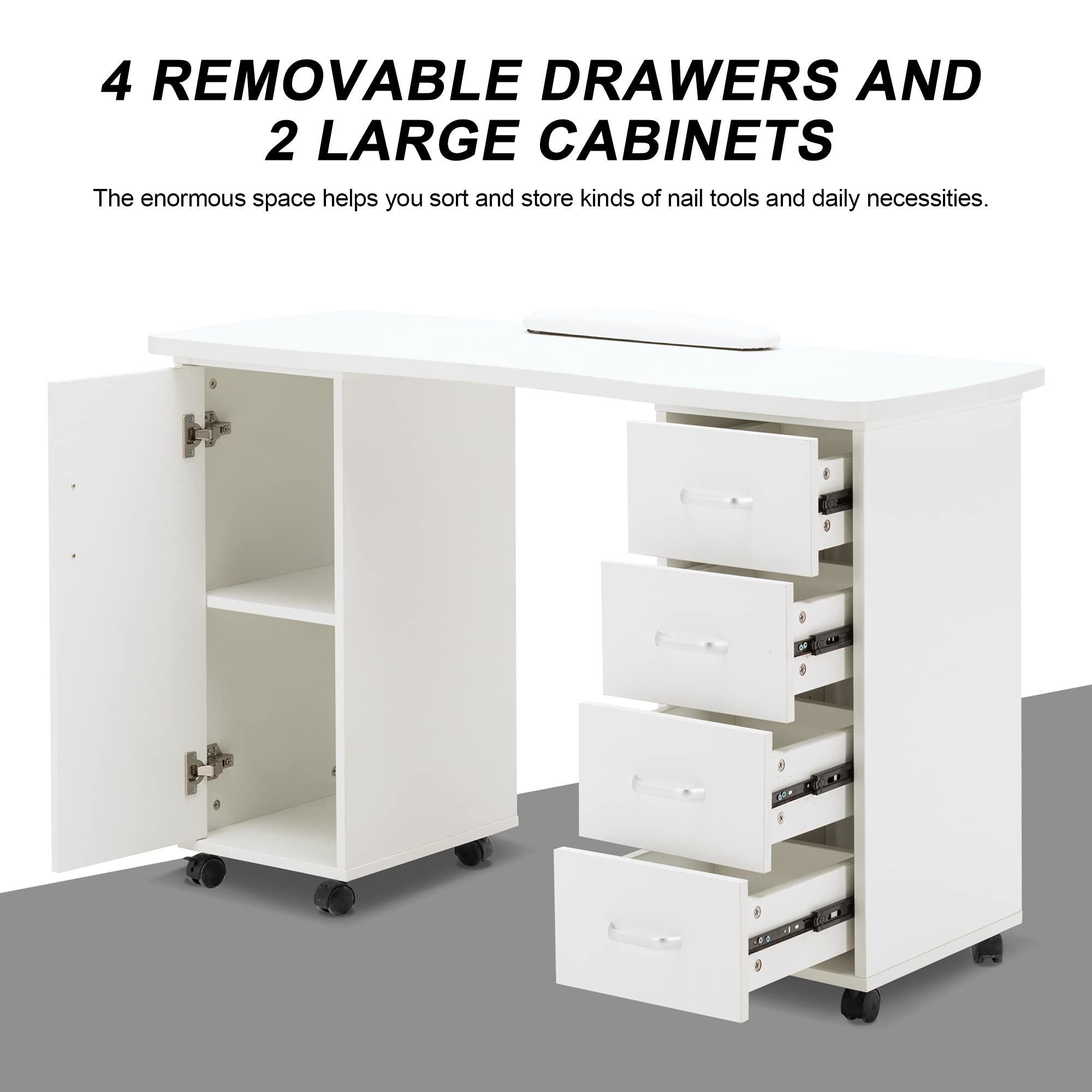 Professional Manicure Table for Nail Technicians - Acetone-Resistant Nail Salon Desk with 4 Drawers, 2 Storage Cabinets & Lockable Wheels - Ergonomic Wrist Pad - Perfect for Beauty Salons, Nail Studios & Home Spa Use