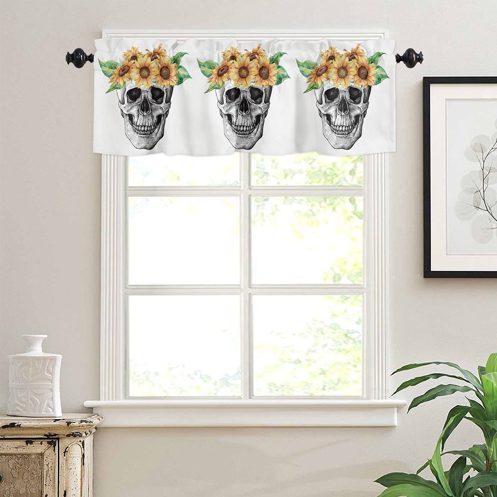 Watercolor Sunflower Curtain Valances for Windows - 54x18 Inch Short Valance with Rod Pocket, Floral Doodle Skull Design - Perfect for Kitchen & Living Room Window Treatments