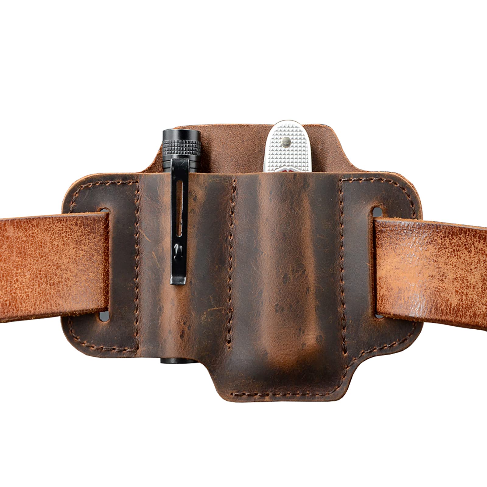 EDC Leather Belt Sheath Organizer - Tactical Pouch for Multitool, Folding Knife & Flashlight | Compact Holster for Everyday Carry Gear | Perfect for Hiking, Camping & Outdoor Adventures (Chestnut Brown)