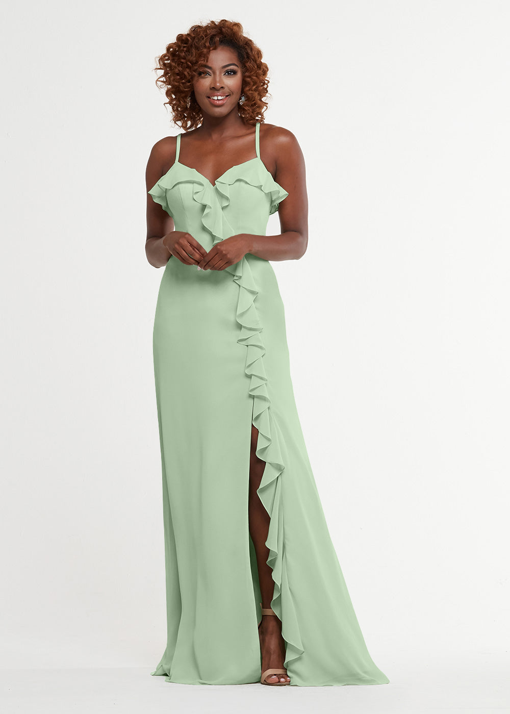 Elegant 80174 Chiffon A-Line Bridesmaid Dress with Ruffles & High Slit - Perfect for Weddings, Formal Events & Special Occasions