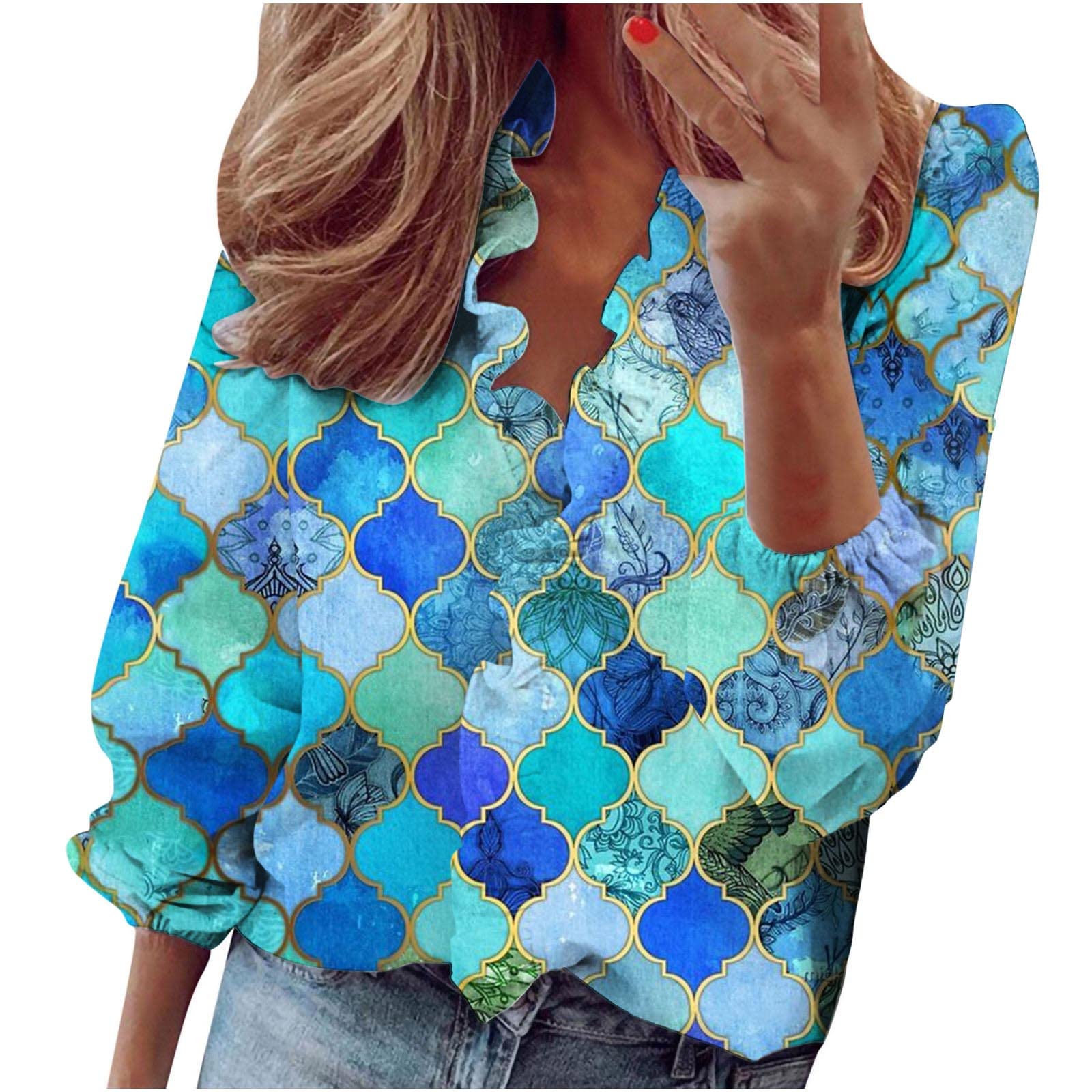 Women's Long Sleeve Blouse - Floral Print V-Neck Ruffle Top - Loose Fit Casual Elegant Office Wear for Women | Perfect for Work, Dating & Special Occasions