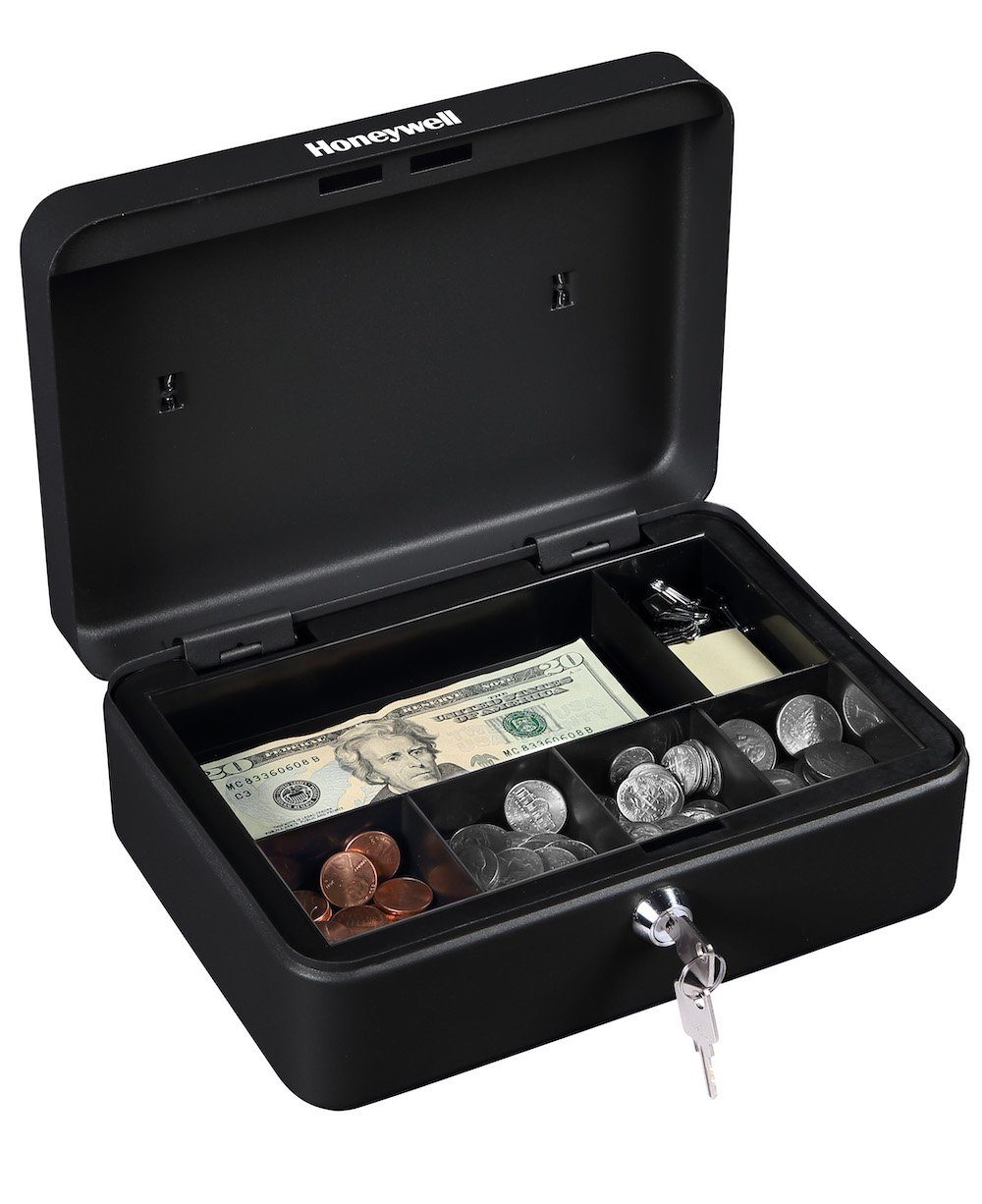 Honeywell 6112 Standard Steel Cash Box with Key Lock - Secure Money Storage for Small Business, Retail Store, Home Office & Event Cash Handling