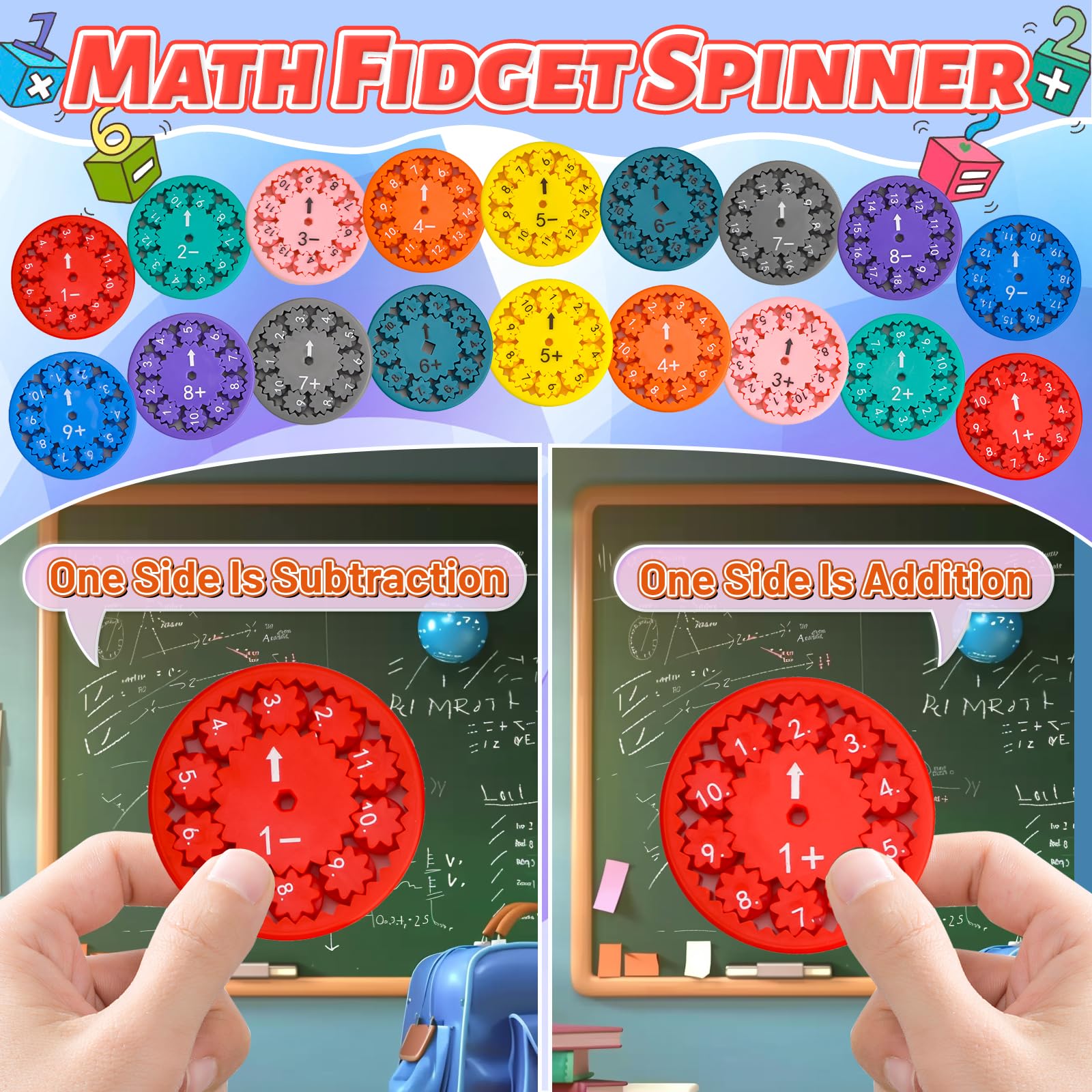 Vibbang Math Fact Fidget Spinners - Educational Anxiety Relief Toys for Kids | Interactive Learning Tools for Addition & Subtraction Practice | Classroom, Homeschool & Stress Relief Use