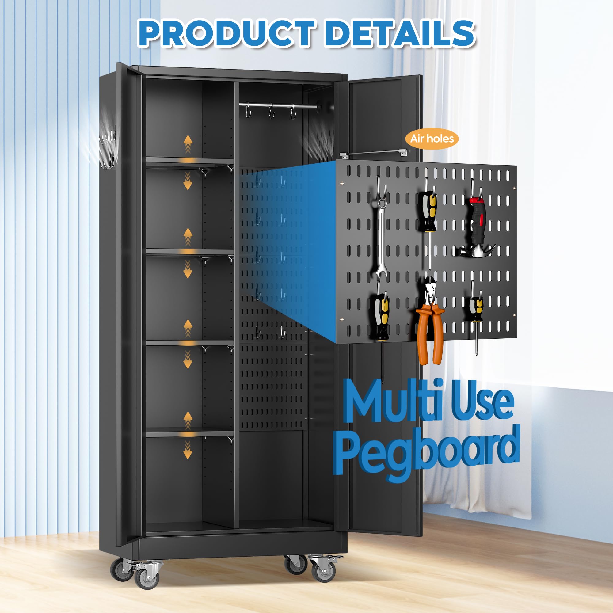 Heavy Duty Metal Garage Storage Cabinet with Wheels - Lockable Doors, 4 Adjustable Shelves & Pegboard Organizer - Ideal for Garage, Office, Gym, Pantry & Workshop Organization (Black)