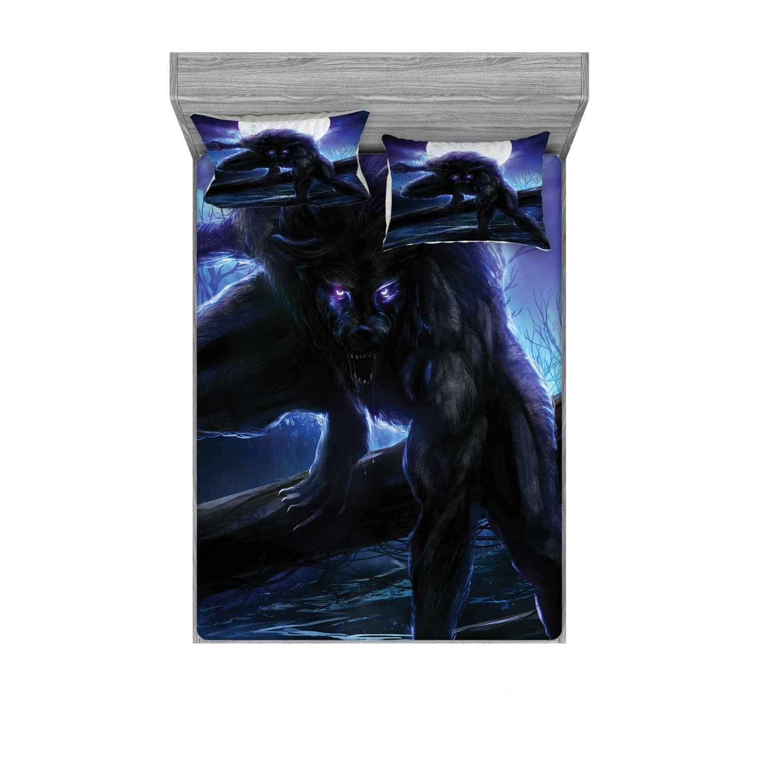 Ambesonne 2-Piece Fantasy Bedding Set - Surreal Werewolf Eyes Design, Queen Size Fitted Sheet & 4 Pillow Shams, Purple & Blue Gothic Decor | Perfect for Halloween, Themed Bedrooms & Werewolf Lovers
