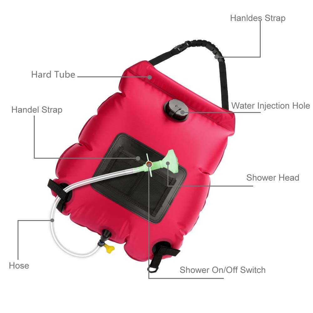 5 Gallon Solar Shower Bag - 20L Portable Camping Shower with Removable Hose & On/Off Switchable Shower Head | Perfect for Beach, Swimming, Hiking, RV Trips & Outdoor Adventures | Lightweight Solar Heated Water Bag for Camping, Travel & Emergency Use