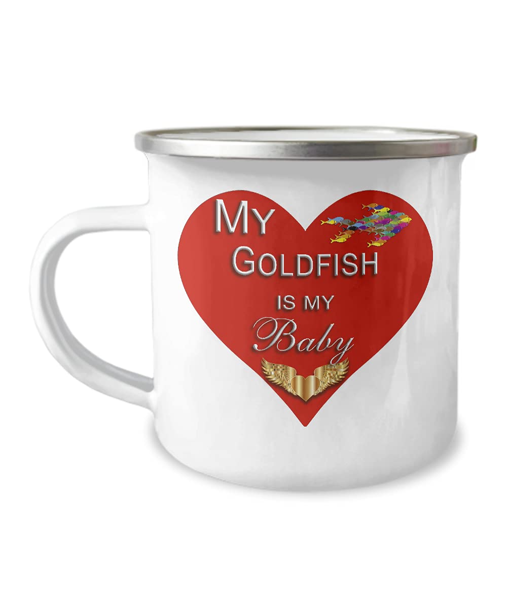Goldfish Themed Gifts for Pet Owners - 12oz Enameled Stainless Steel Travel Mug for Coffee, Tea & Hot Chocolate - Perfect for Fish Lovers, Moms & Dads - Cute 'My Fish Is My Baby' Gold Heart Design - Great for Office, Home & Outdoor Use