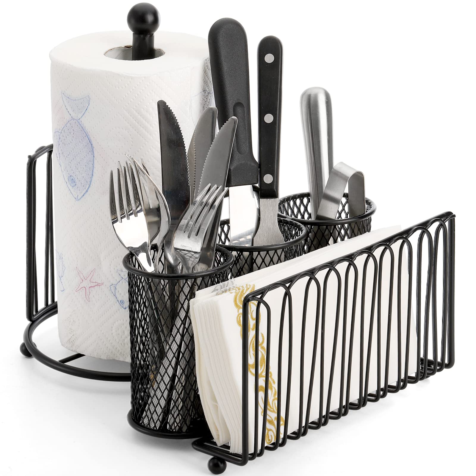 Elsjoy Stainless Steel Utensil Caddy with Paper Towel Holder - Picnic & Buffet Silverware Organizer for Plates, Cutlery & Flatware - Pull-Out Handle Design - Perfect for Outdoor Dining, Kitchen Storage & Party Serving