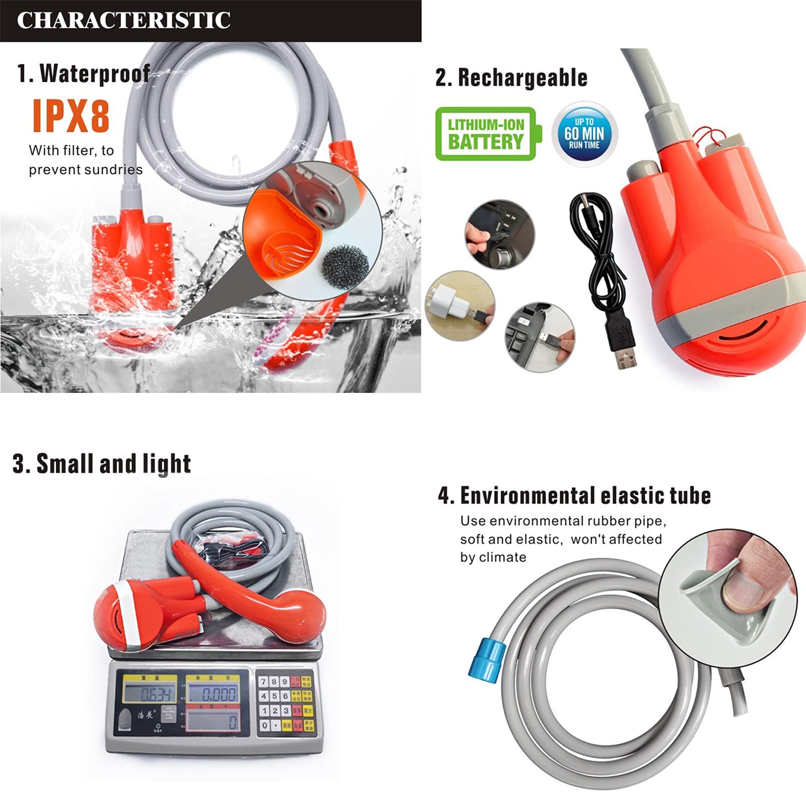 Portable Camping Shower with Submersible Pump - Outdoor Shower Kit for RV, Beach, Hiking & Emergency Use - Lightweight Orange Water Pump for Off-Grid Adventures