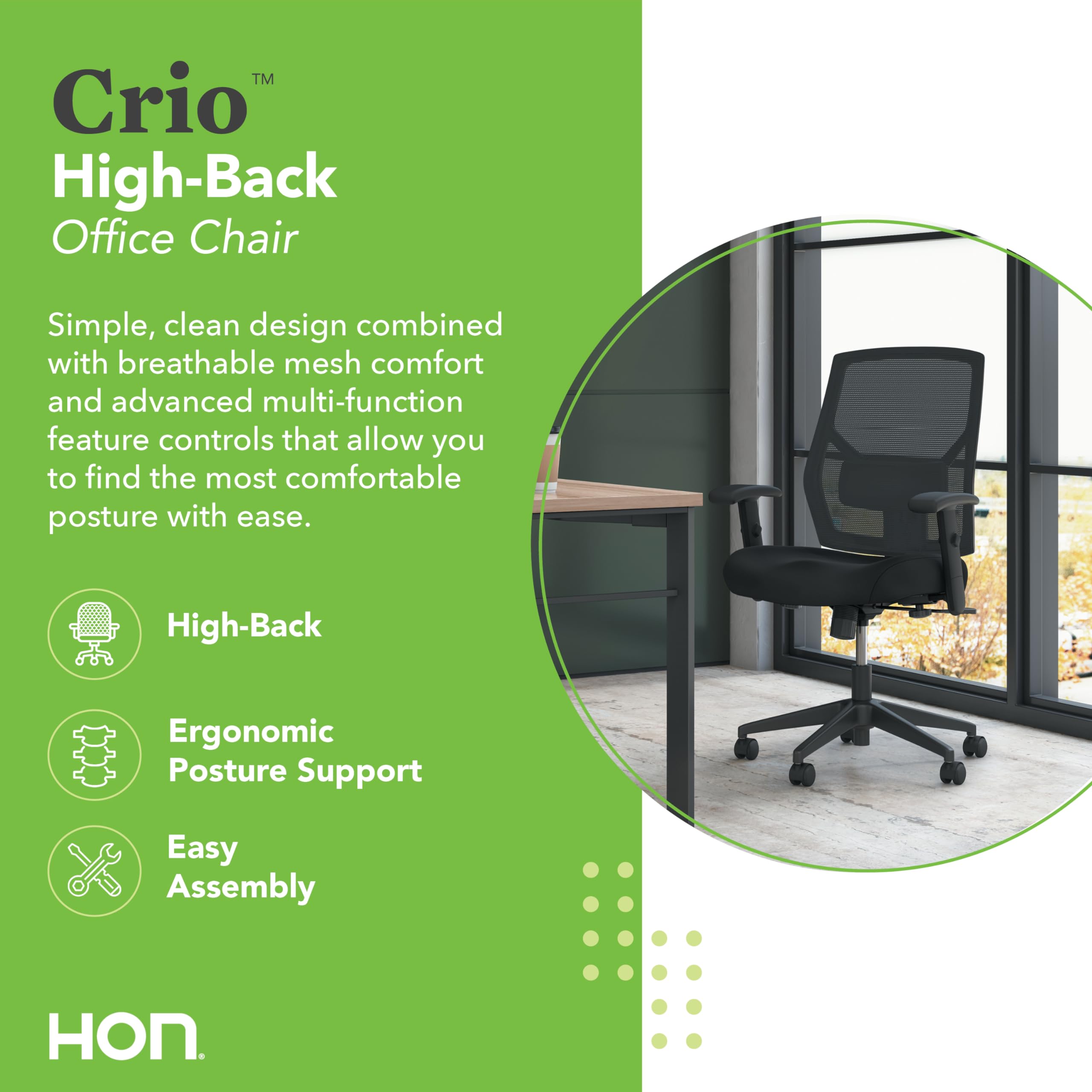 HON Crio High Back Ergonomic Office Chair - Adjustable Mesh Desk Chair with Wheels, Arms & Center-Tilt Recline - Comfortable Swivel Chair for Home Office & Long Work Hours - Black - Perfect for Professionals, Gamers & Remote Workers