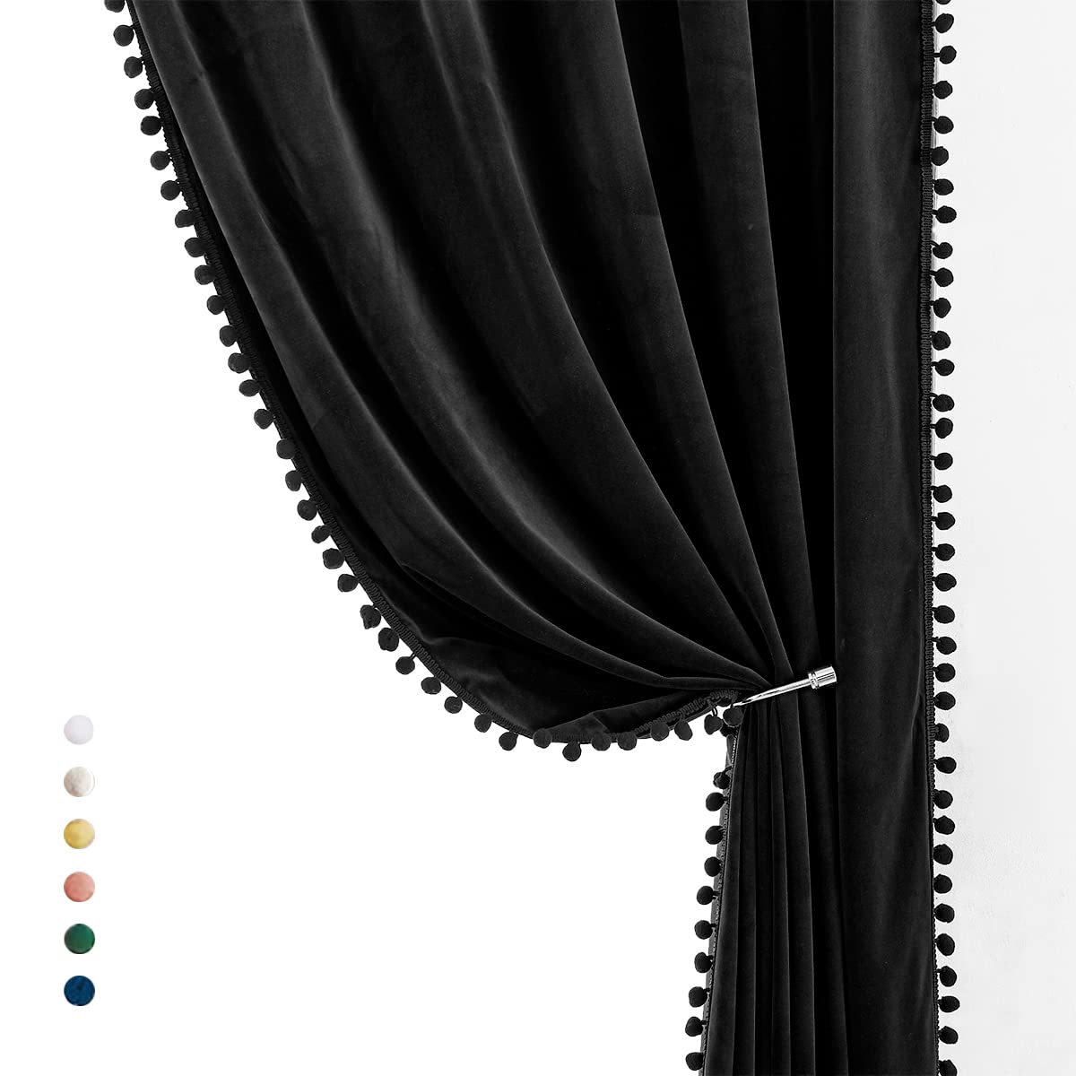Black Velvet Pompom Curtains 84 Inch Long - Room Darkening Window Drapes for Bedroom & Living Room - 42 Inch Wide x 2 Panels - Elegant Home Decor for Cozy Nights & Movie Time