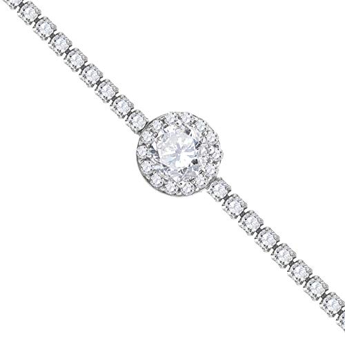 925 Sterling Silver Women's CZ Cubic Zirconia Simulated Diamond Round Center White Stone Link Bracelet - Elegant Jewelry Gift for Anniversary, Birthday & Special Occasions