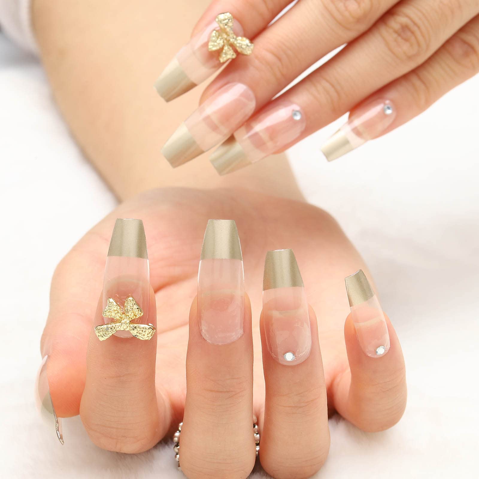Acenail Press on Nails - Medium Length Glossy Fake Nails with 3D French Tip Designs, 24Pcs Clear Full Cover Artificial Acrylic Nails for Women & Girls (#3 French Bow) - Perfect for Parties, Weddings & Special Occasions