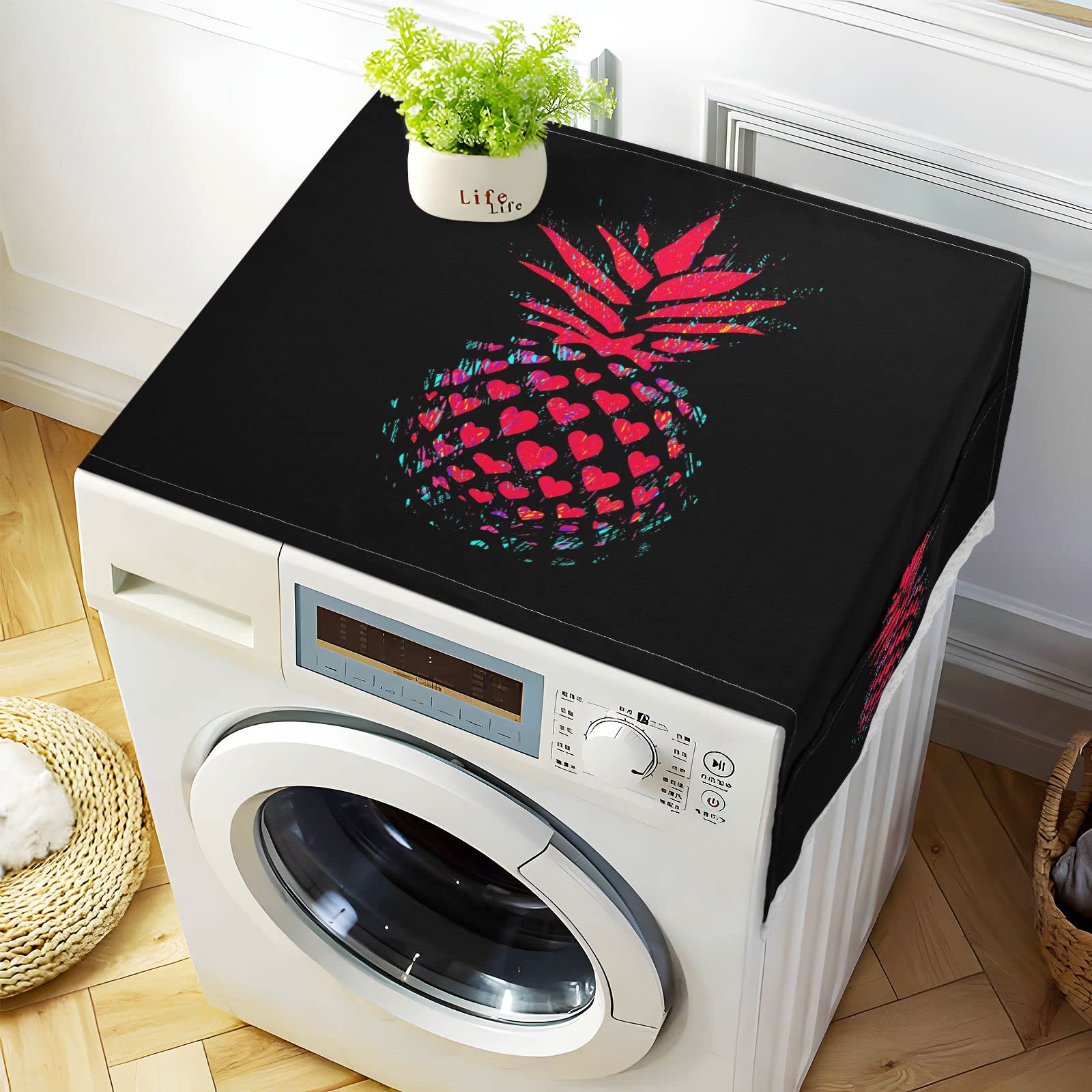 Valentine's Day Heart Pineapple Washing Machine Cover - 51x22 Inch Non-Slip Washer Dryer Top Mat, Waterproof Front Load Refrigerator Dust Cover with 4 Storage Bags - Perfect for Laundry Room Decor & Home Organization
