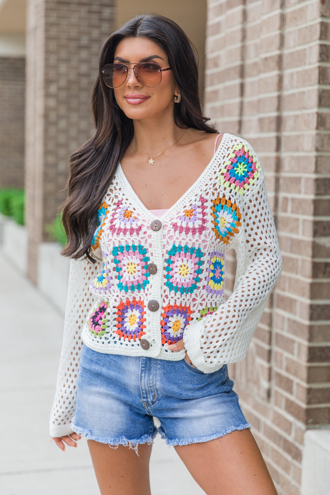 Evermore Elegance Cream Crochet Cardigan - Women's Lightweight Knit Sweater Wrap | Perfect for Spring, Summer & Beach Cover-Up
