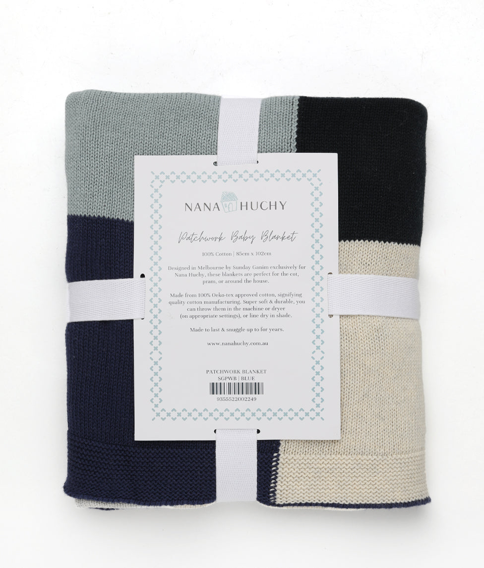 Custom Personalized Baby Blanket - Soft Patchwork Blue Cotton Blanket for Newborns | Perfect for Nursery, Gift, and Photo Shoots