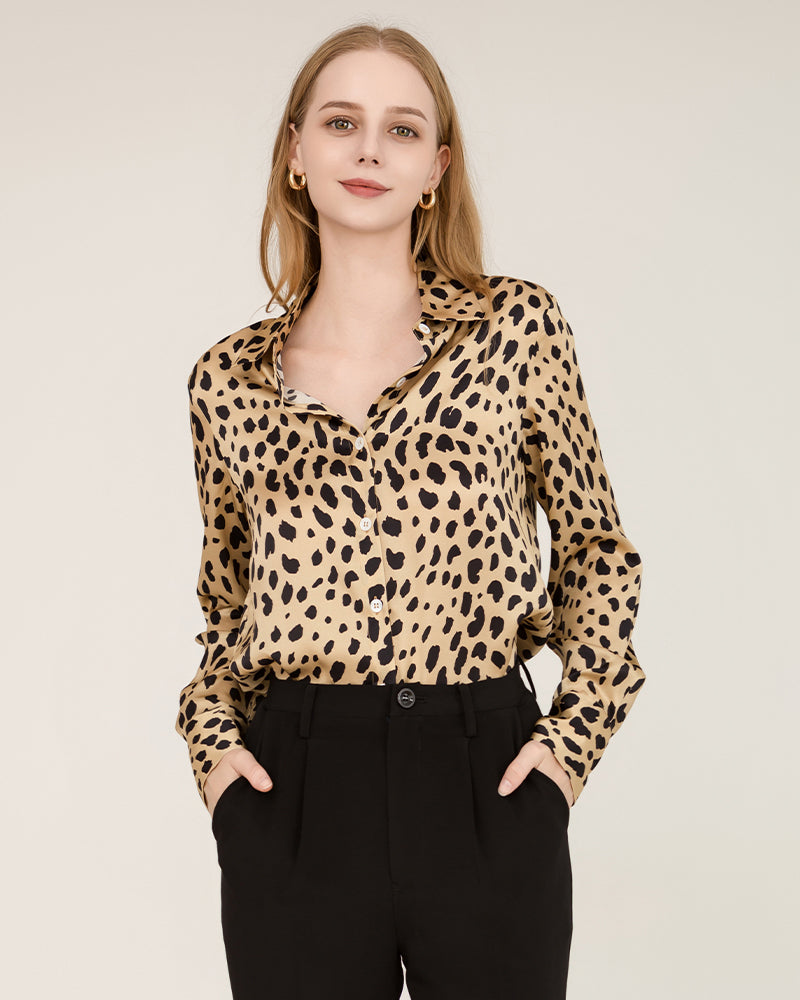 Leopard Print Silk Shirt for Women - Elegant Blouse for Office, Party & Date Night | Soft & Comfortable Luxury Top for Work & Special Occasions