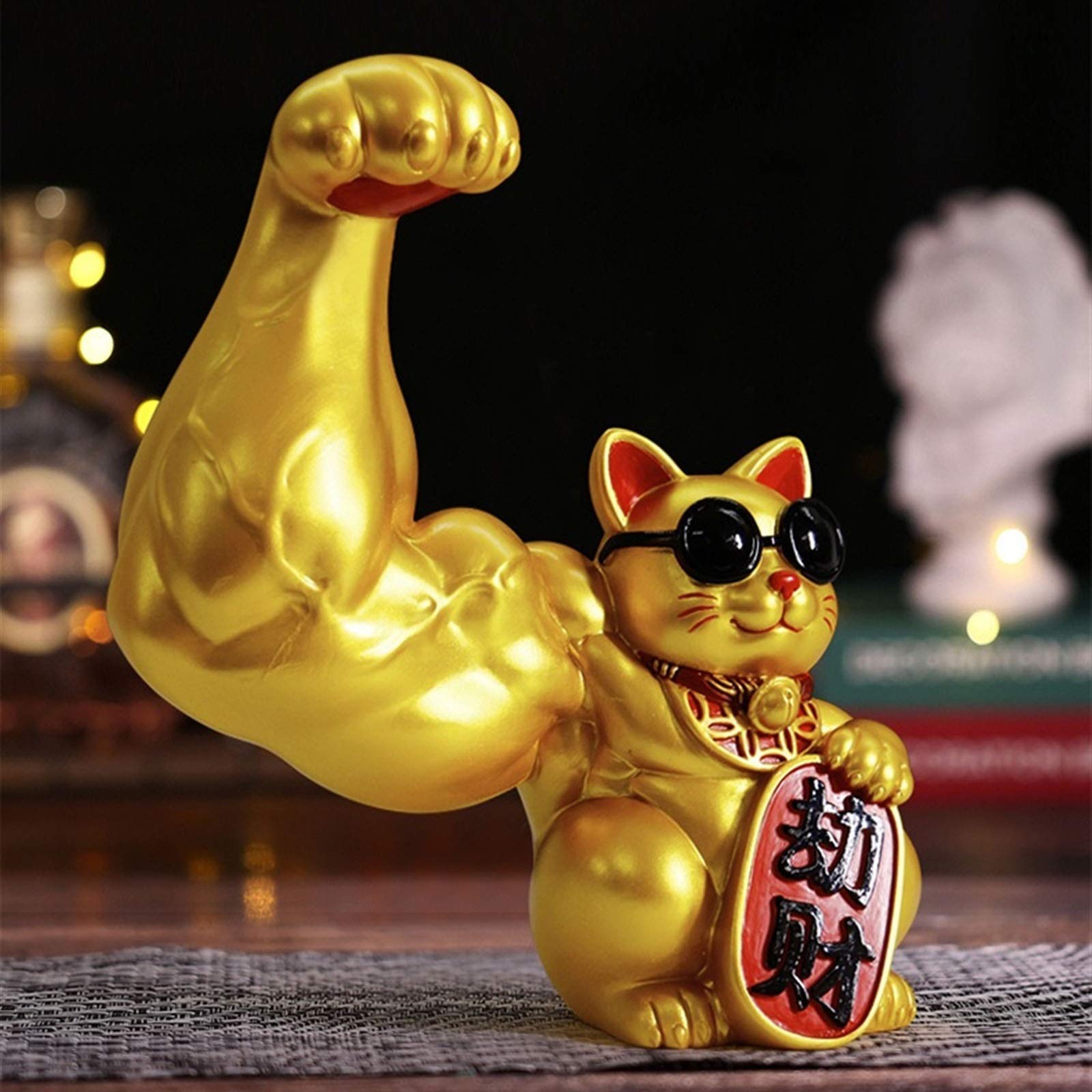 Gold Lucky Cat Statue - Fortune Welcoming Wealth Decoration for Home & Office | Strong Giant Arm Muscle Arm Opening Gift | Perfect for Feng Shui, Desk Decor & Good Luck Gifts