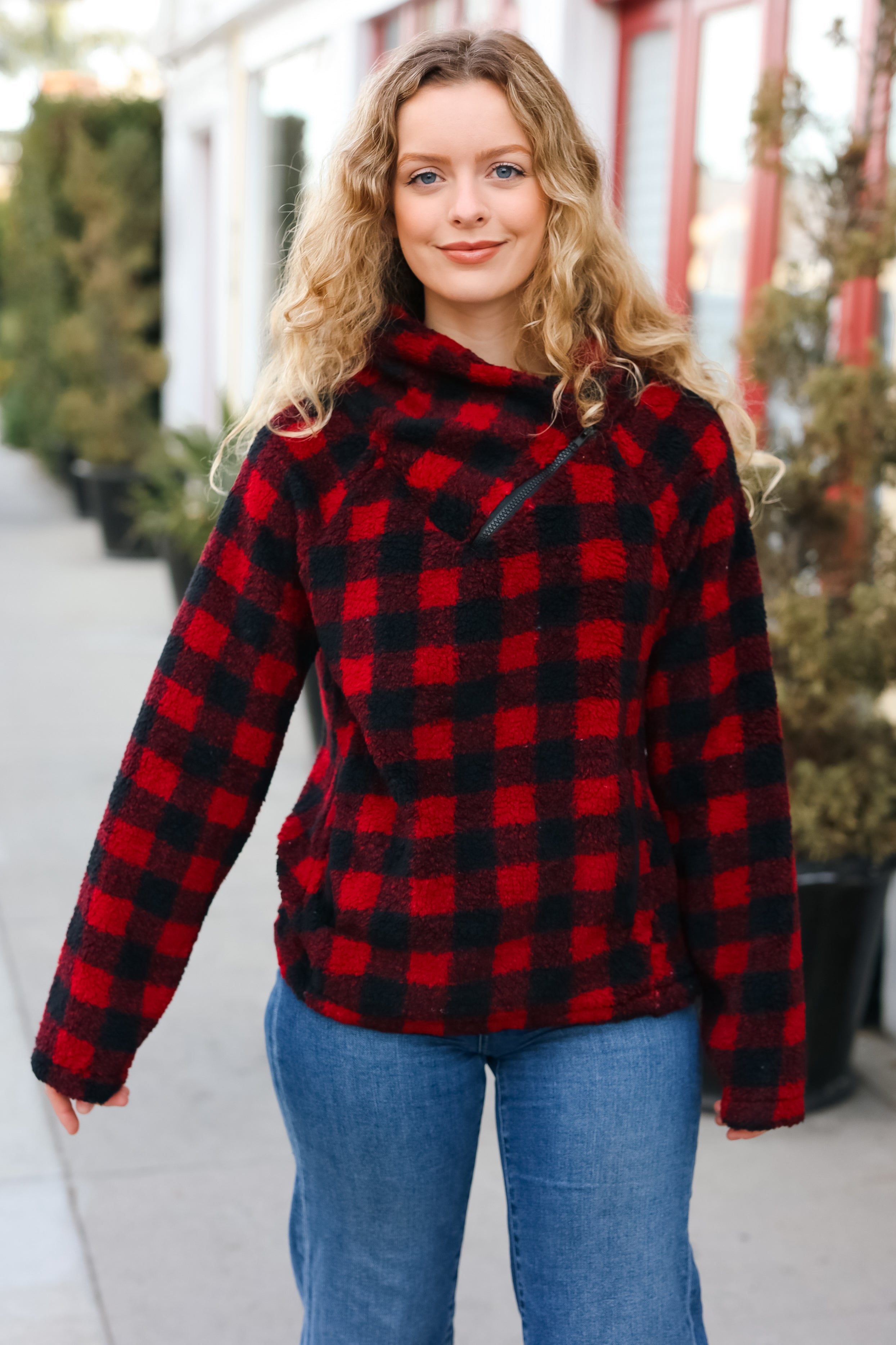 Cozy Red Sherpa Plaid Asymmetrical Zip Sweater Top for Women - Winter Fashion Layering Piece for Casual Outfits & Outdoor Activities