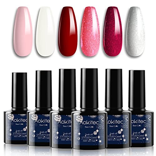 Aokitec 6 Color Gel Nail Polish Kit - 7.5ml Soak Off Nail Gel Set with Nude, Blue, Purple, Red, Pink & Natural Skin Tones | DIY Manicure Kit for Women | Perfect for Home Use, Gifts & Christmas Celebrations