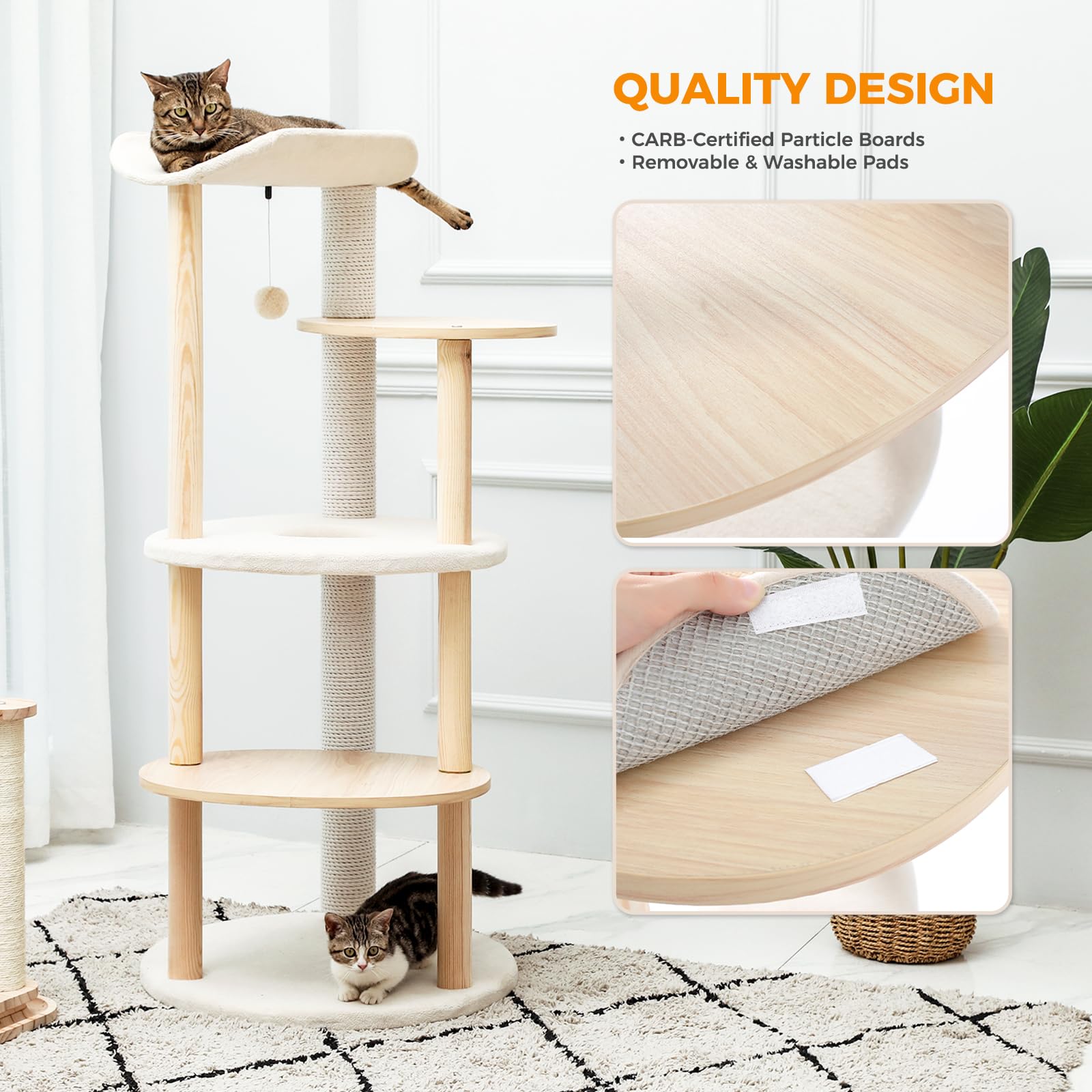 PAWZ 5-Level Modern Cat Tree for Large Indoor Cats - Sturdy Wood Cat Tower with Scratching Posts, Beige - Perfect for Play, Climbing & Relaxation in Living Rooms & Bedrooms