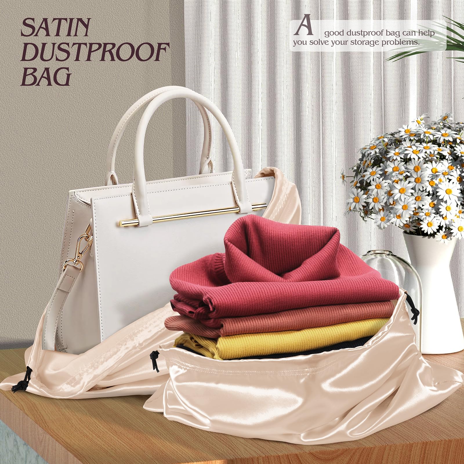 7 Pack Satin Dust Bags for Handbags & Shoes - Premium Silky Beige Drawstring Storage Pouches - Dustproof Protector for Travel, Luxury Handbag & Shoe Storage (19.6