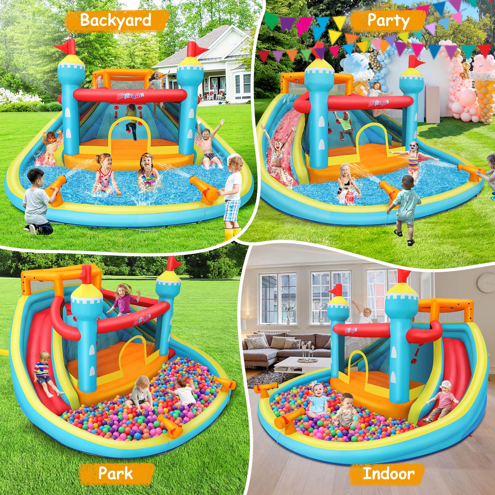 10-in-1 Inflatable Water Slide Park with Splash Pool, Jump Area, Climbing Wall & Water Cannons - 520W Blower Included | Perfect for Backyard Summer Fun, Kids Birthday Parties & Outdoor Water Play (Blue-Orange)