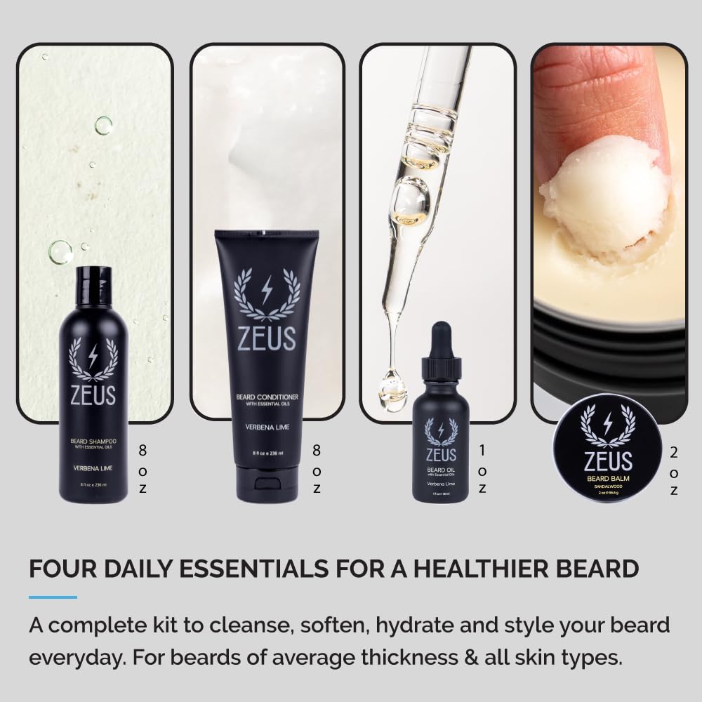 ZEUS Premium Beard Care Kit with Tin Gift Box – Natural Sandalwood Beard Oil, Balm, Wash & Conditioner for Men – Perfect for Daily Grooming & Travel