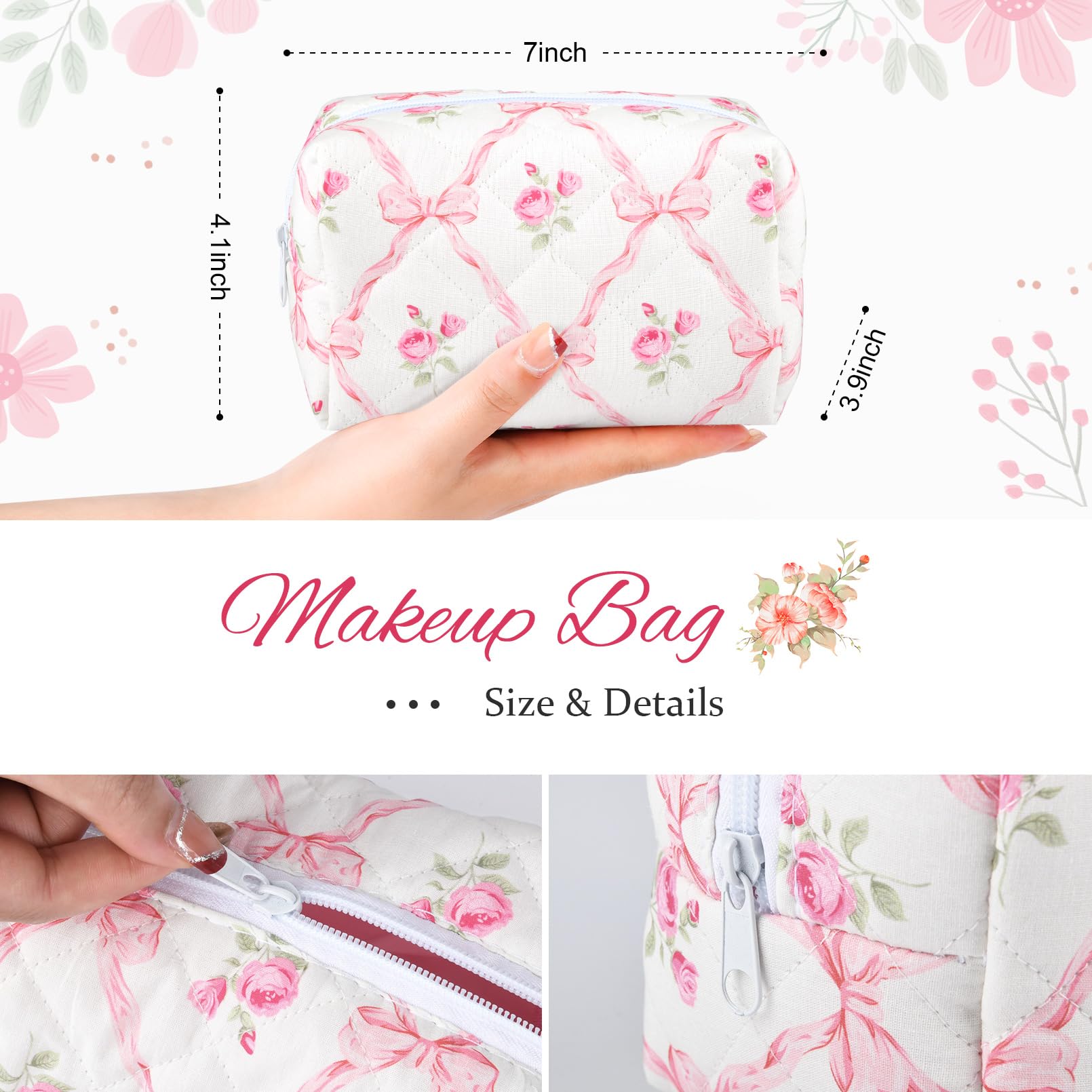 SOIDRAM Floral Quilted Puffy Cosmetic Bag - Aesthetic Cute Makeup Pouch for Women | Travel Toiletry Organizer | Cotton Makeup Brushes Storage | Perfect for Travel, Gym & Daily Use