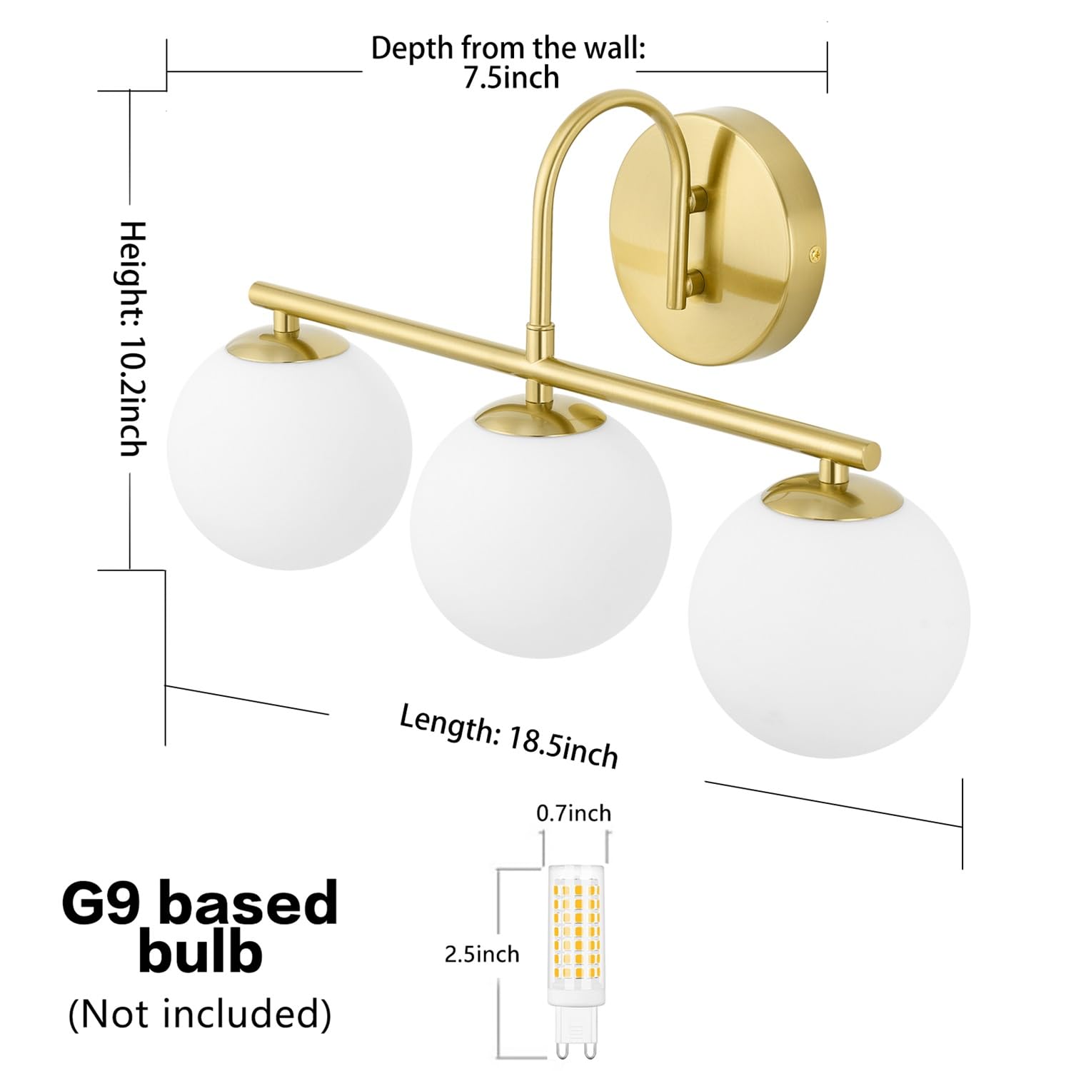 Modern Gold Bathroom Vanity Lights - 3-Light Brushed Gold Wall Sconces with Globe Glass Shade for Mirror Lighting | Waterproof Bathroom Fixtures for Home & Hotel Decor