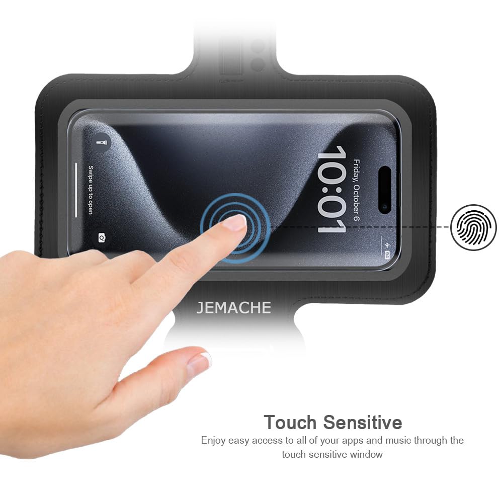 JEMACHE Premium Running Armband for iPhone 16/15/14/13/12/11 Pro Max & Samsung Galaxy S25/S24/S23/S22 Ultra/Plus - Sweatproof Phone Holder with Earphone Loop & Adjustable Strap (Black, Large) - Perfect for Jogging, Gym Workouts & Outdoor Activities