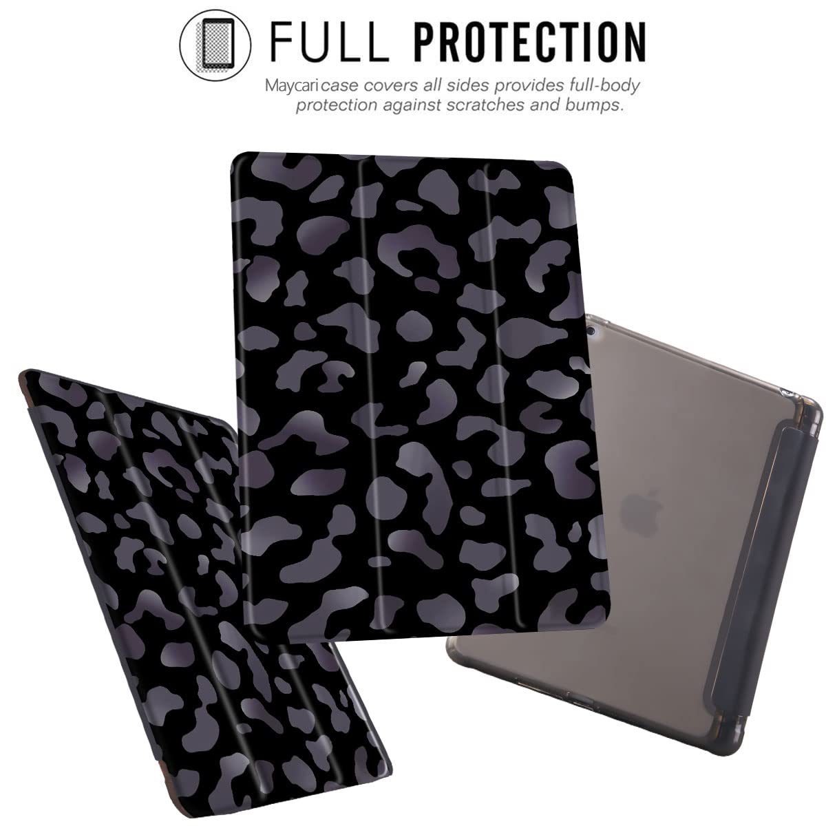 MAYCARI Black Cheetah Print iPad Air 5/Air 4 Case (10.9 Inch 2022/2020) with Pencil Holder - Slim Protective Cover with Soft TPU Back & Auto Sleep/Wake Feature - Perfect for School, Work and Travel