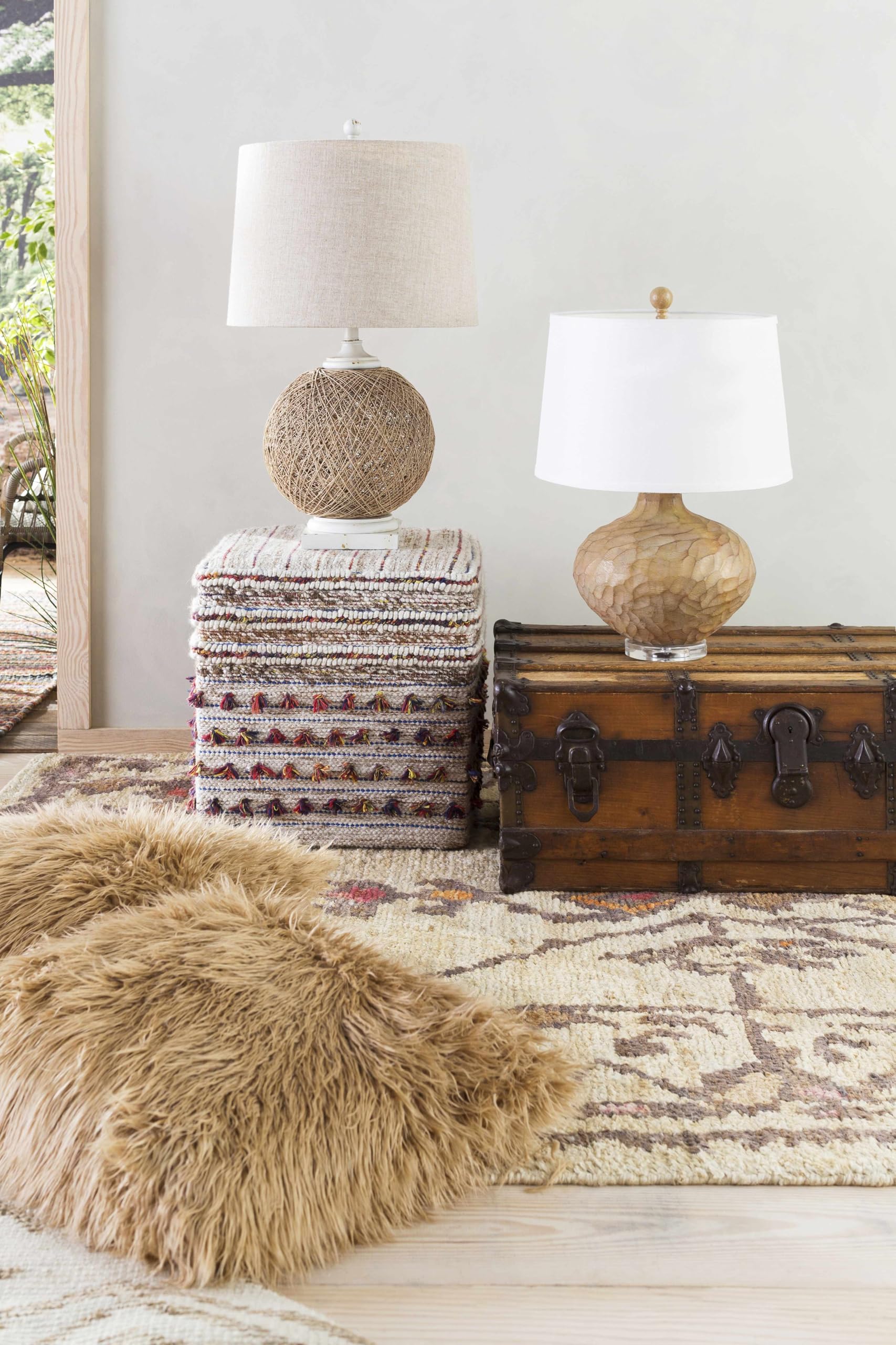 Bohemian Transitional Jute Area Rug for Living Room & Bedroom - 8' Round Handwoven Natural Fiber Rug in Burnt Orange, Dark Pink & Beige - Perfect for Boho Chic, Farmhouse & Coastal Decor Styles
