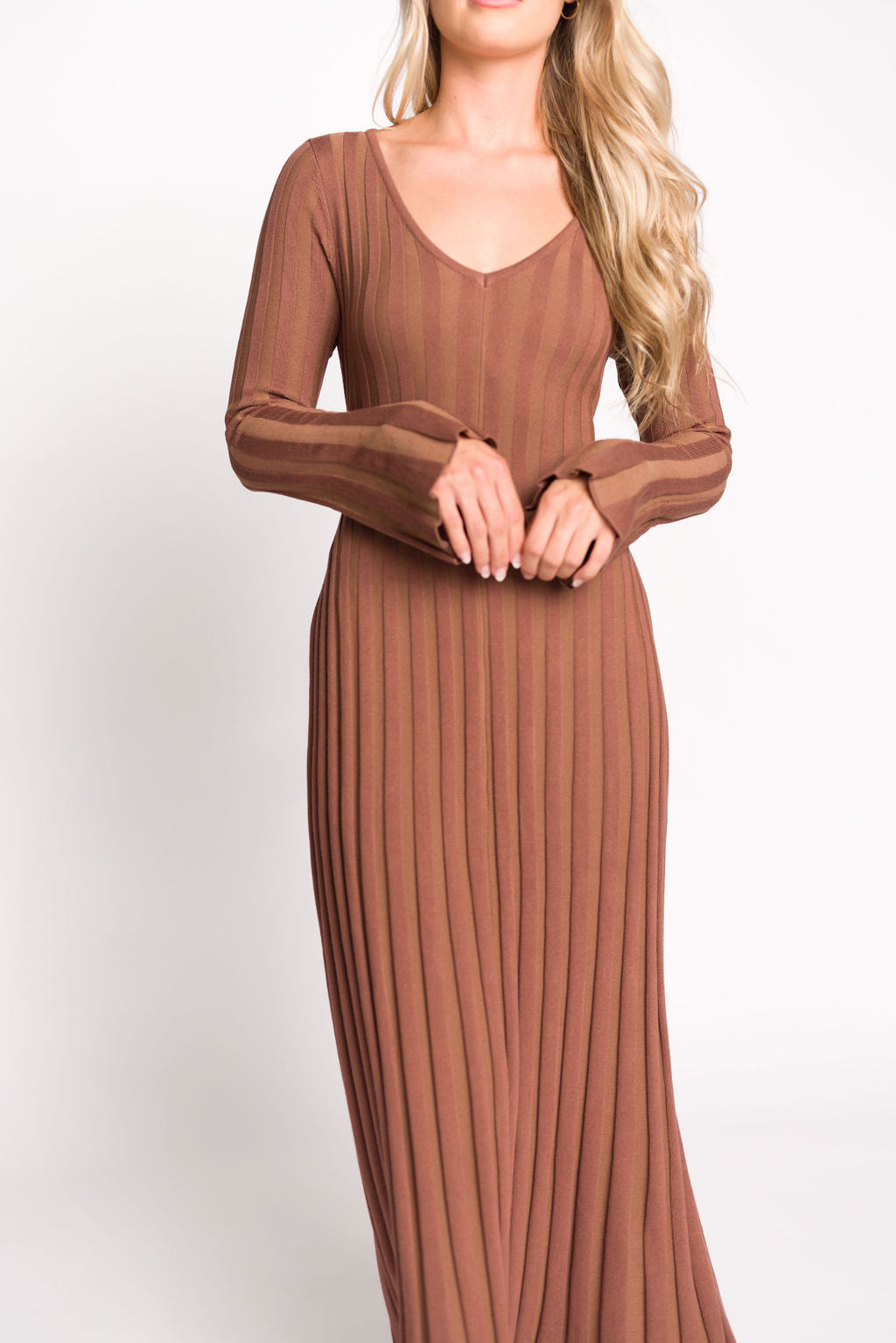 Hadley Long Sleeve V Neck Knit Maxi Dress in Cocoa - Women's Elegant Casual Maxi Dress for Fall & Winter | Perfect for Office, Date Night & Holiday Parties