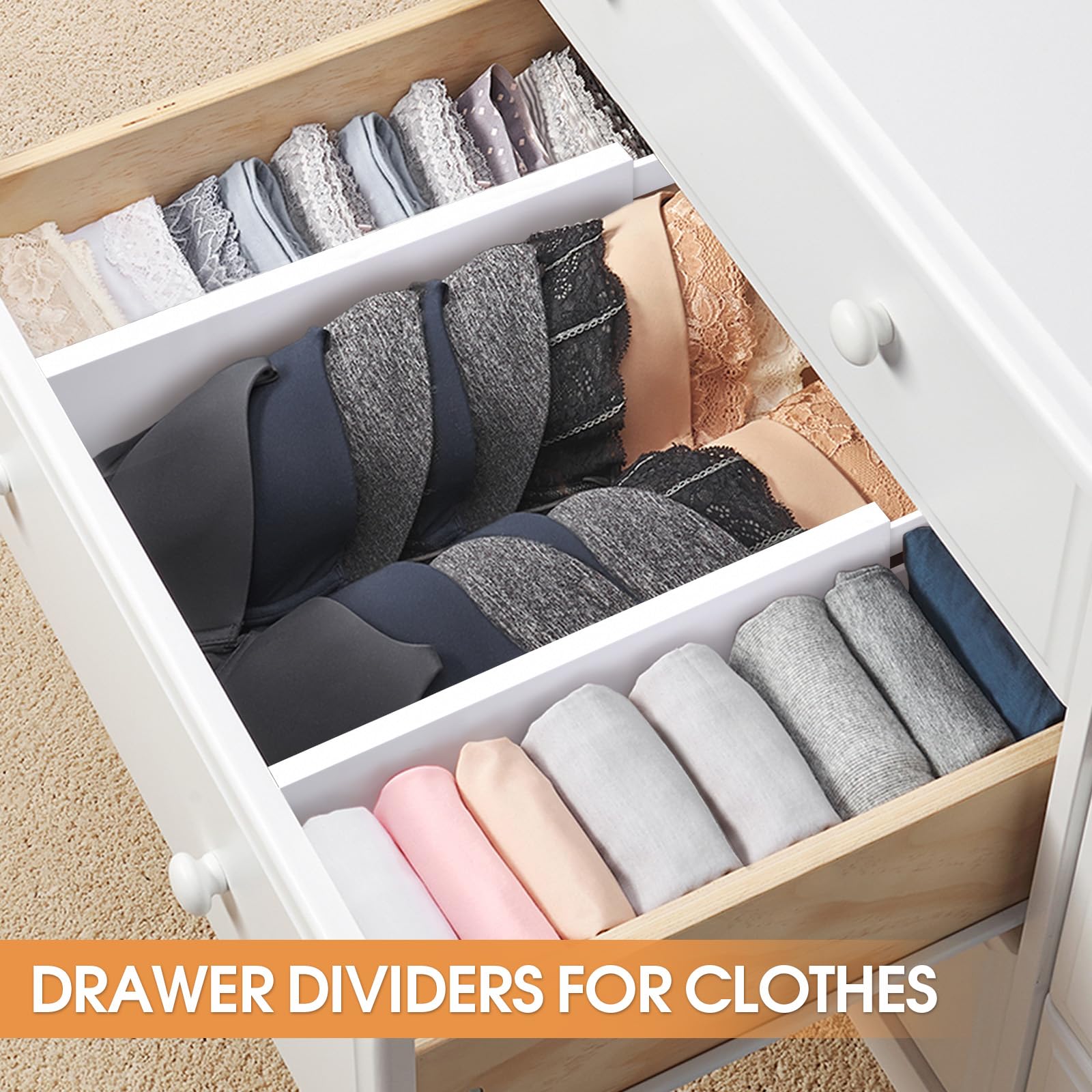 Bamboo Drawer Dividers Organizers 4-Pack - Adjustable Kitchen Drawer Organizer for Clothes, Dresser, Bedroom & Office - White 12-17 Inch | Perfect for Home Organization, Kitchen Utensils & Wardrobe Storage