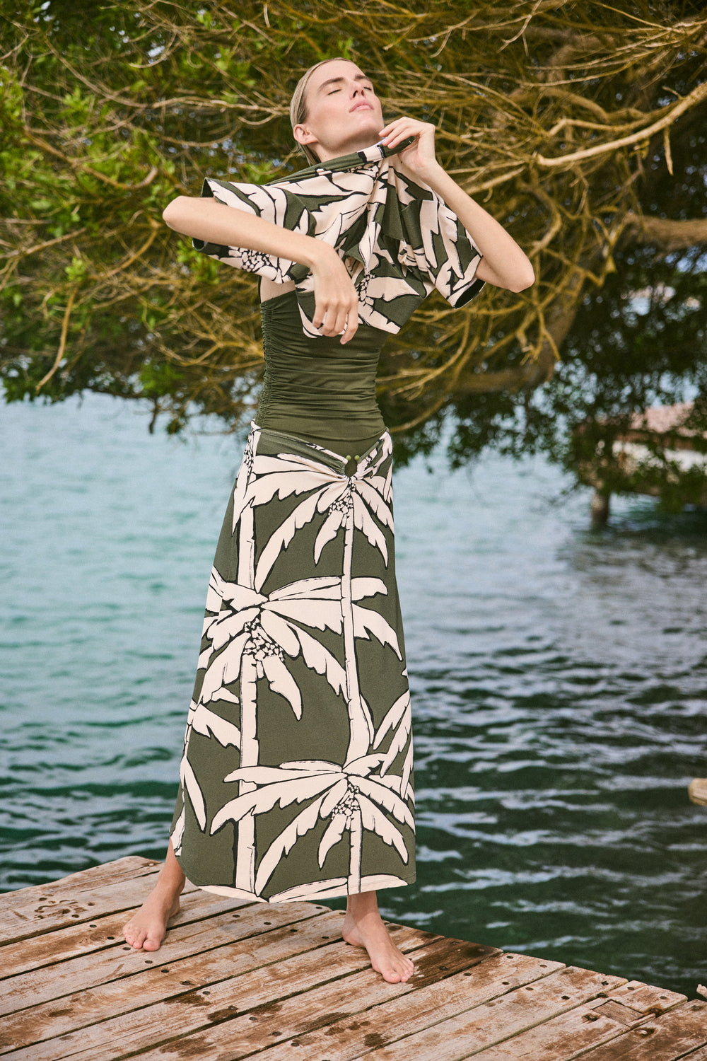 Eco-Friendly Green Branch Skirt - Women's A-Line Midi Skirt for Casual Wear, Office & Outdoor Activities